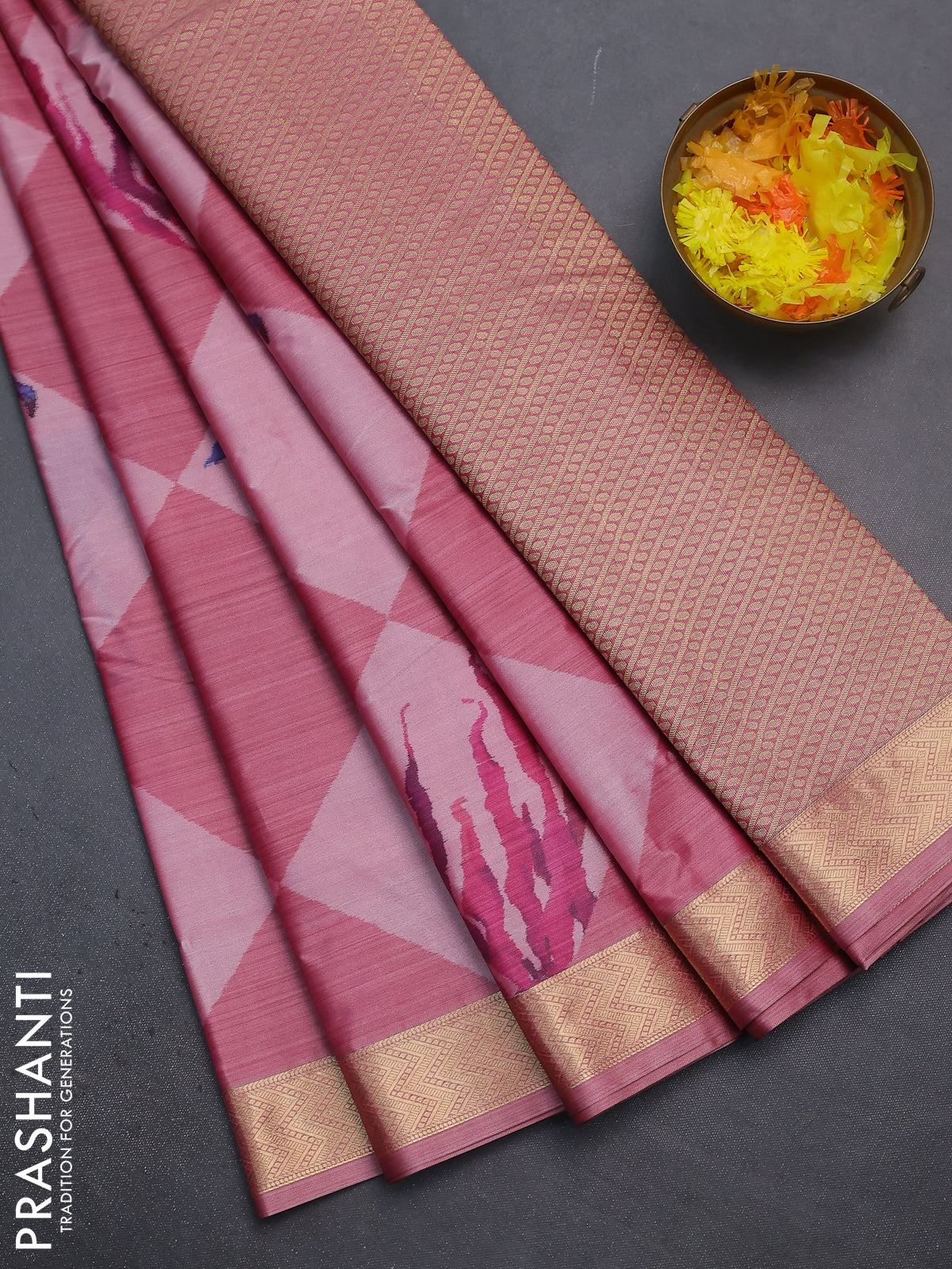 Bangalori semi silk saree pastel pink with allover ikat weaves and zari woven border