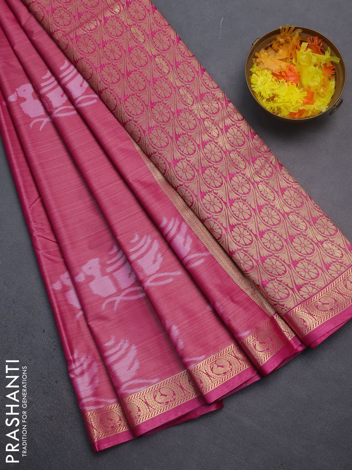 Bangalori semi silk saree pink with allover ikat butta weaves and zari woven border
