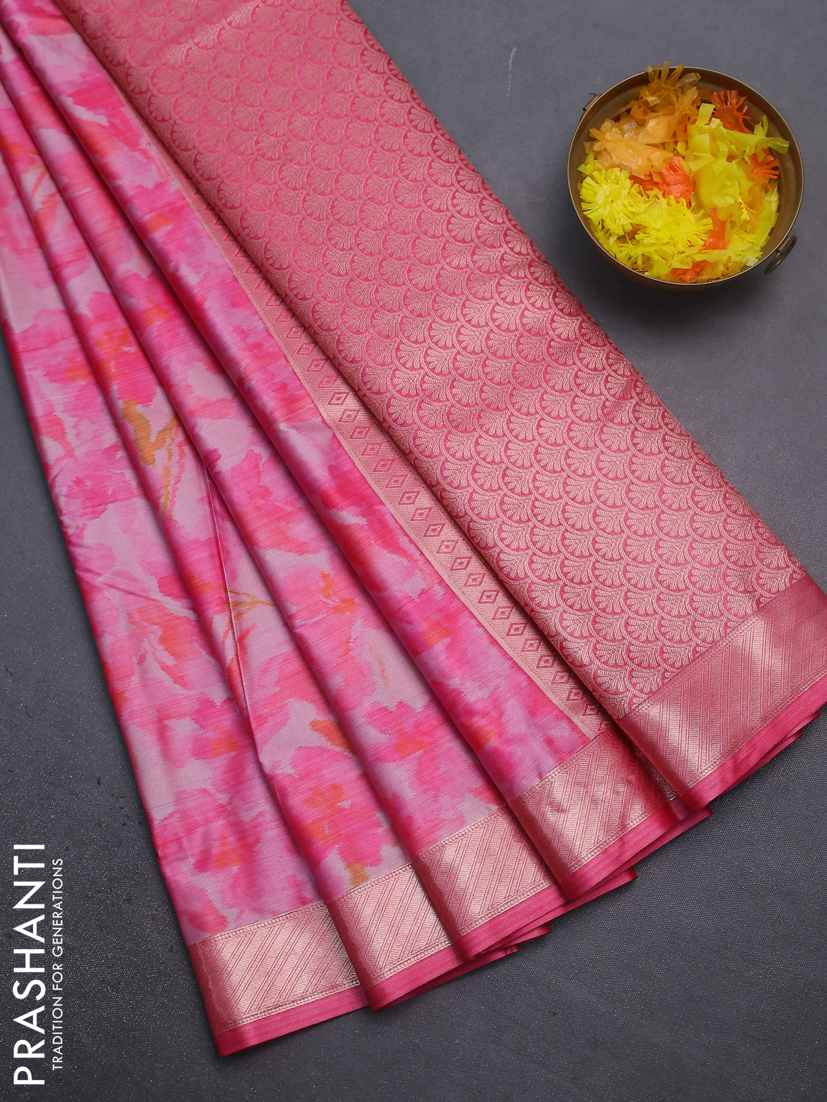 Bangalori semi silk saree light pink and pink with floral design ikat weaves and zari woven border