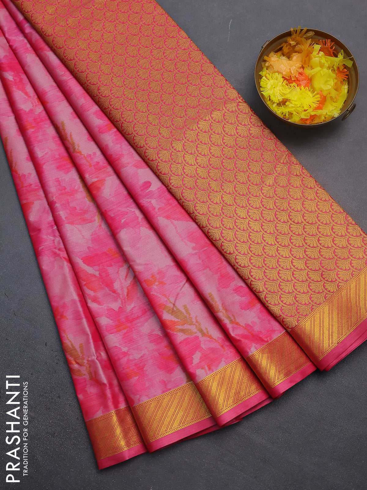 Bangalori semi silk saree pink with floral design ikat weaves and zari woven border