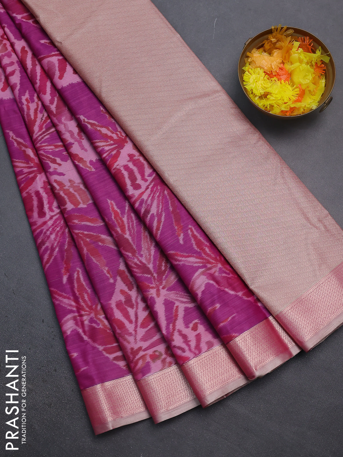 Bangalori semi silk saree purple and dual shade of beige with allover ikat weaves and zari woven border