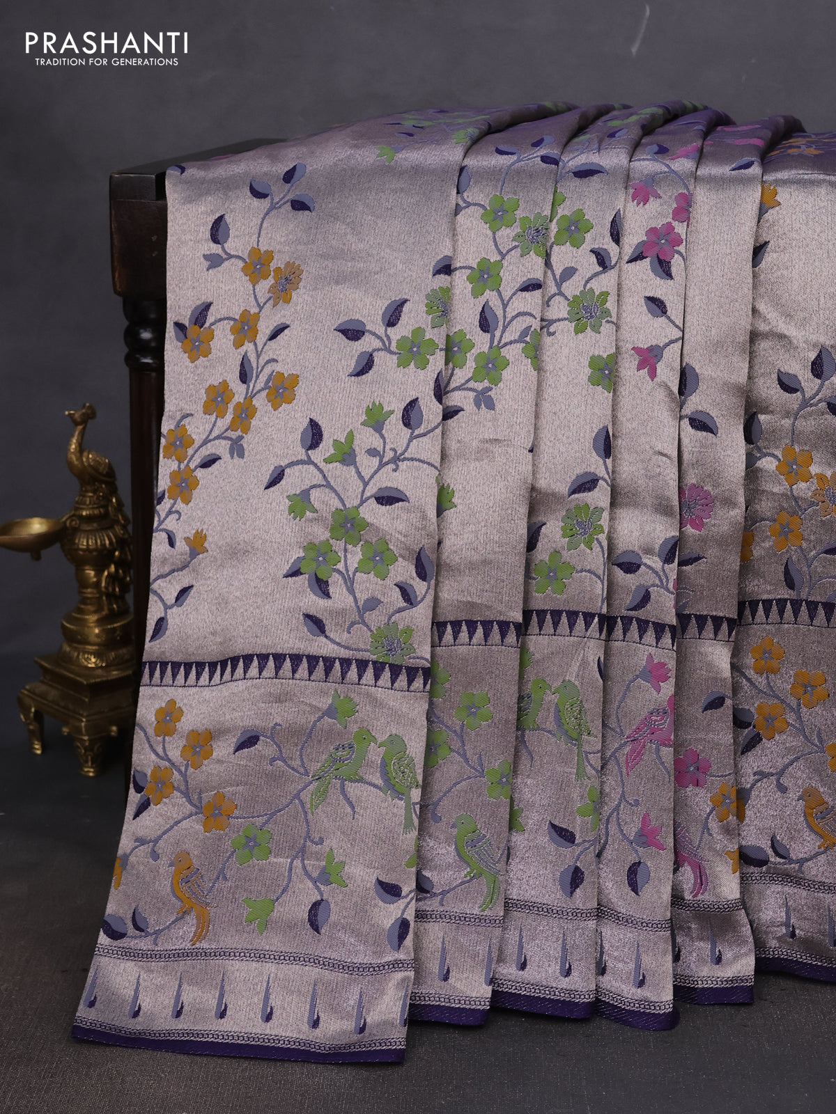 Banarasi semi raw silk saree navy blue with zari woven floral design paithani weaves and floral design paithani border