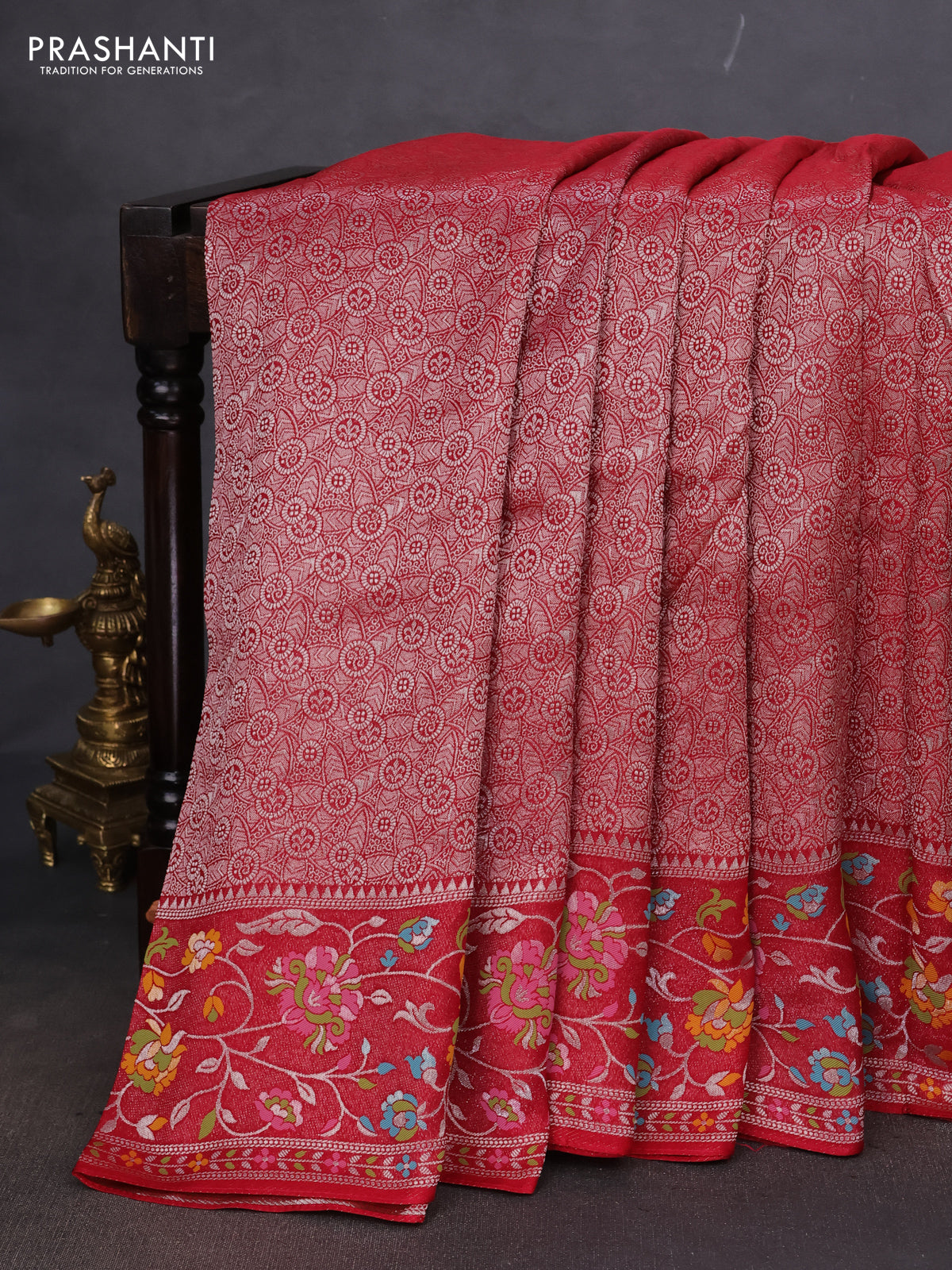 Banarasi semi raw silk saree red with allover silver zari woven brocade weaves and floral design paithani border