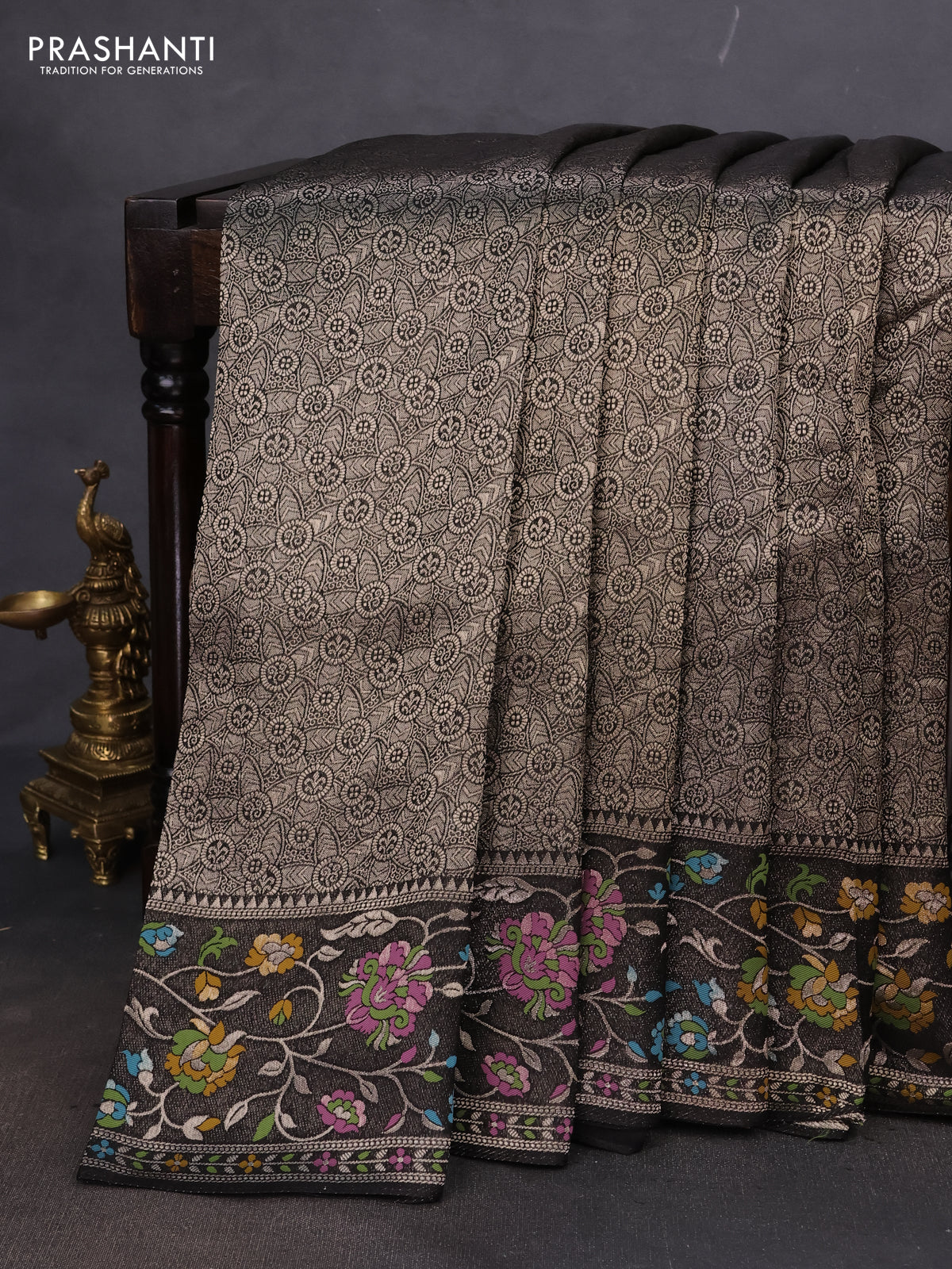 Banarasi semi raw silk saree black with allover silver zari woven brocade weaves and floral design paithani border