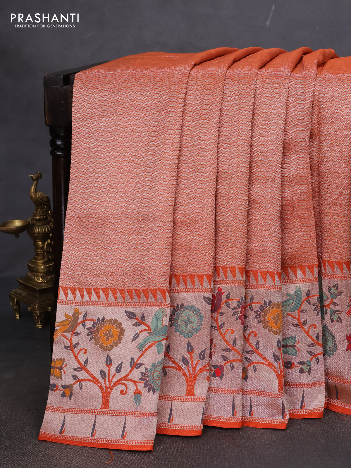 Banarasi semi raw silk saree orange with allover zari woven brocade weaves and floral design paithani border