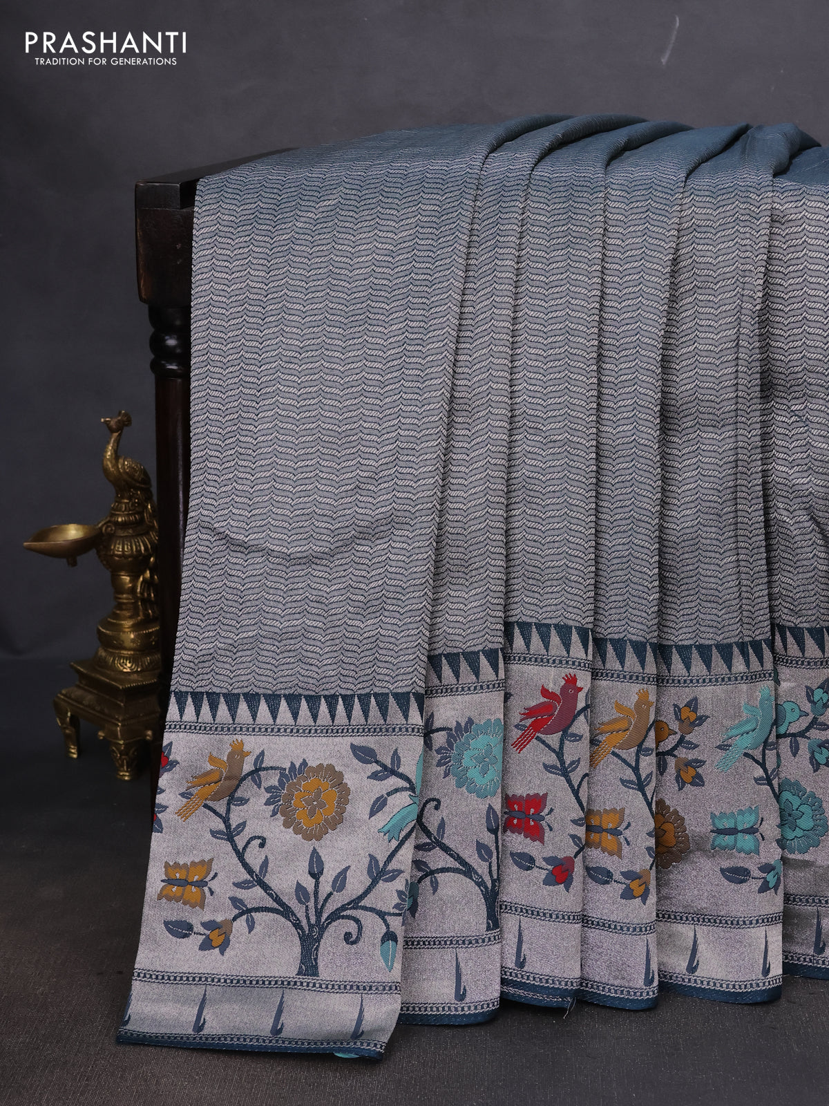 Banarasi semi raw silk saree peacock blue with allover zari woven brocade weaves and floral design paithani border