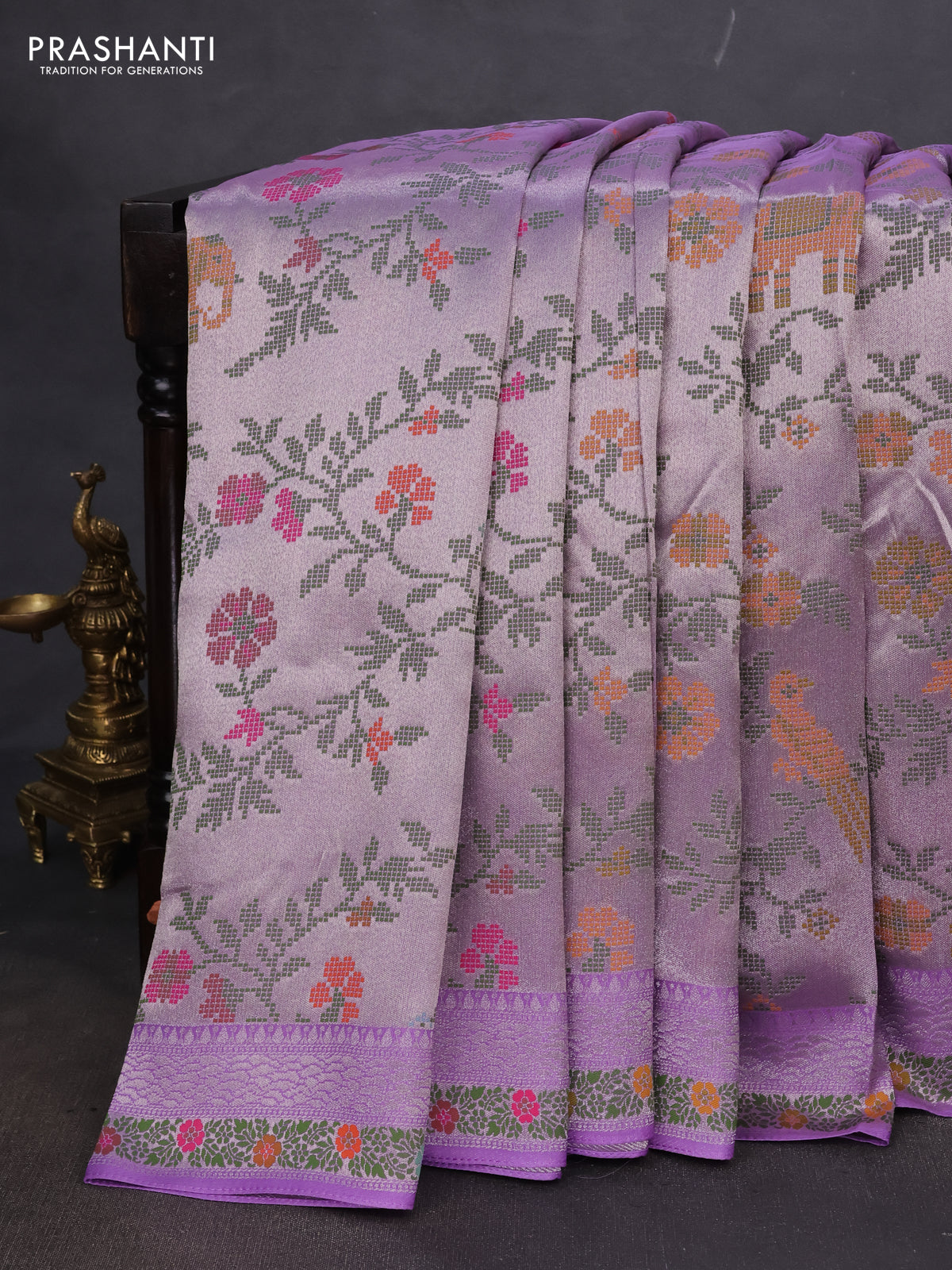 Banarasi semi raw silk saree lavender with allover silver zari woven paithani weaves and woven border