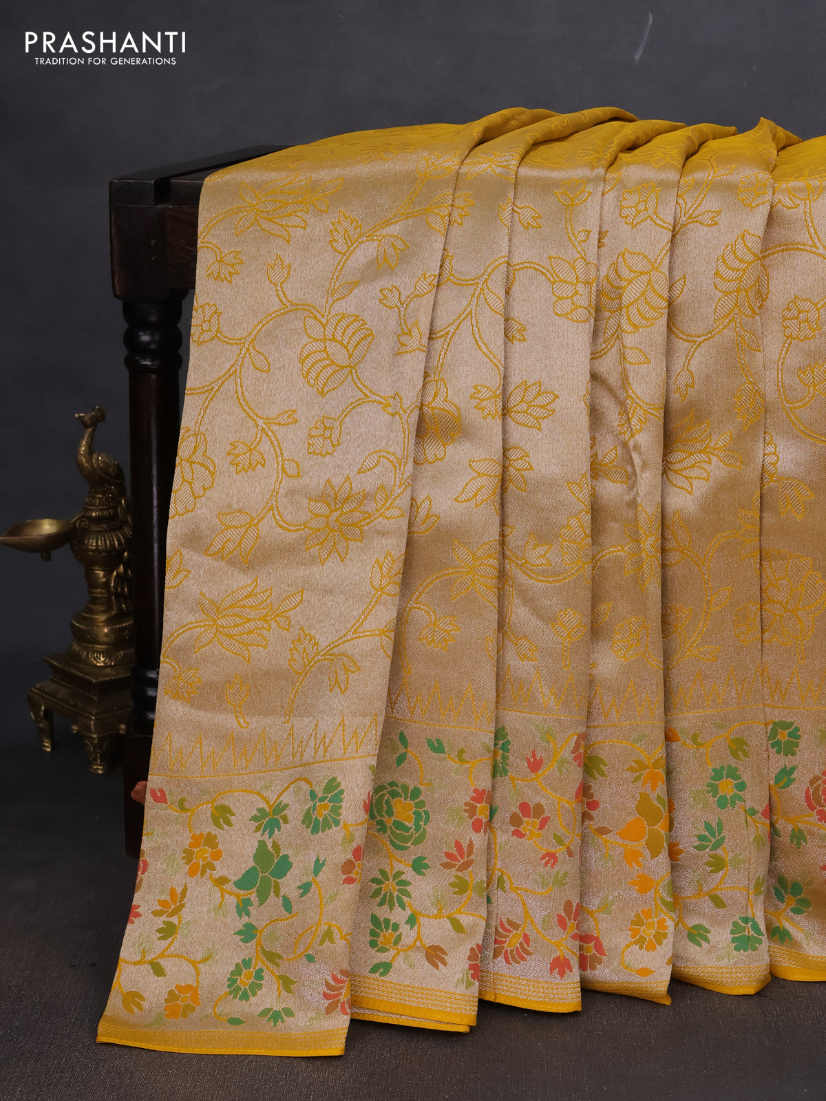 Banarasi semi raw silk saree mustard yellow with allover silver zari woven floral weaves and floral design paithani border