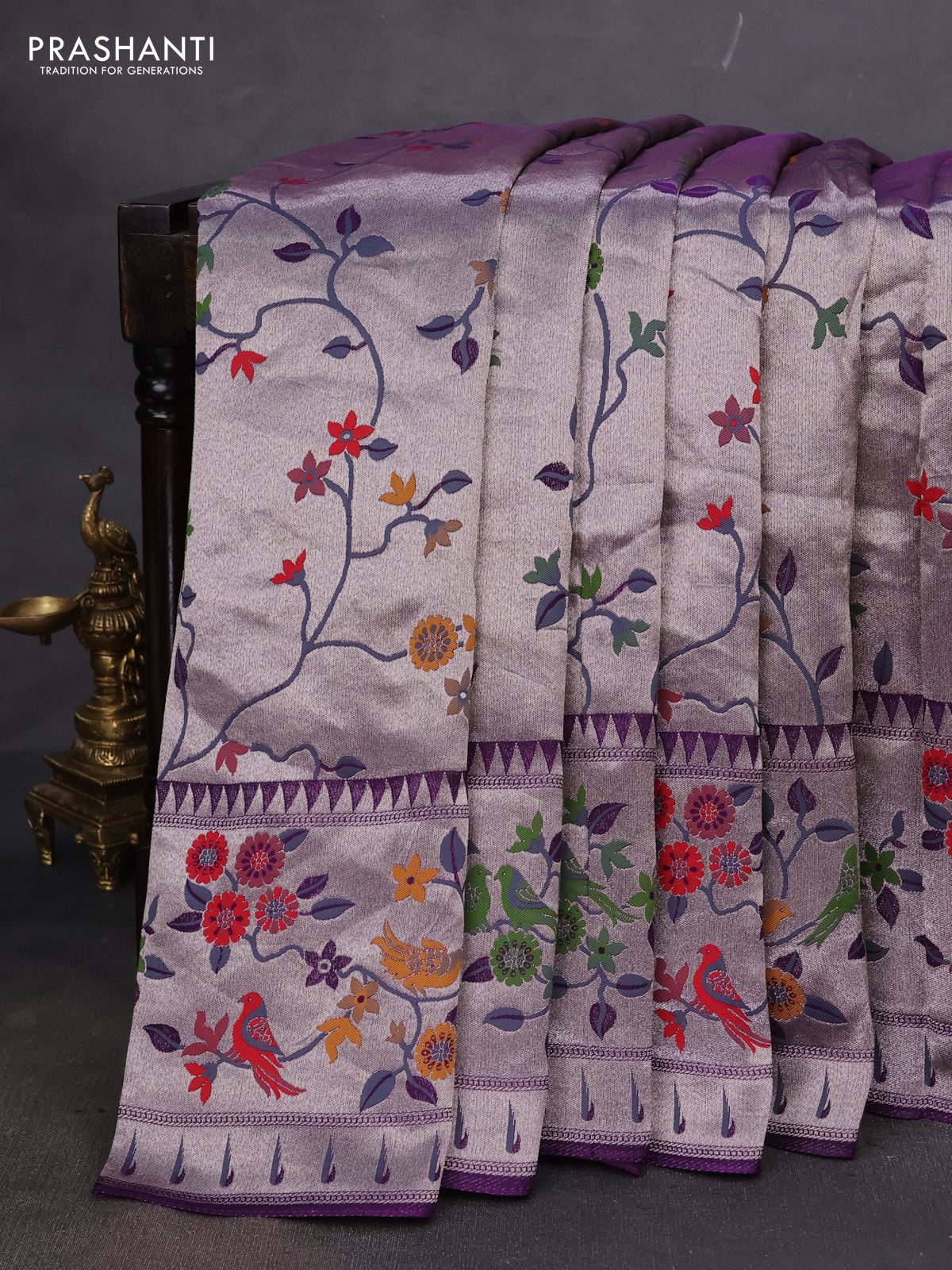 Banarasi semi raw silk saree violet with allover zari woven paithani weaves and floral design paithani border