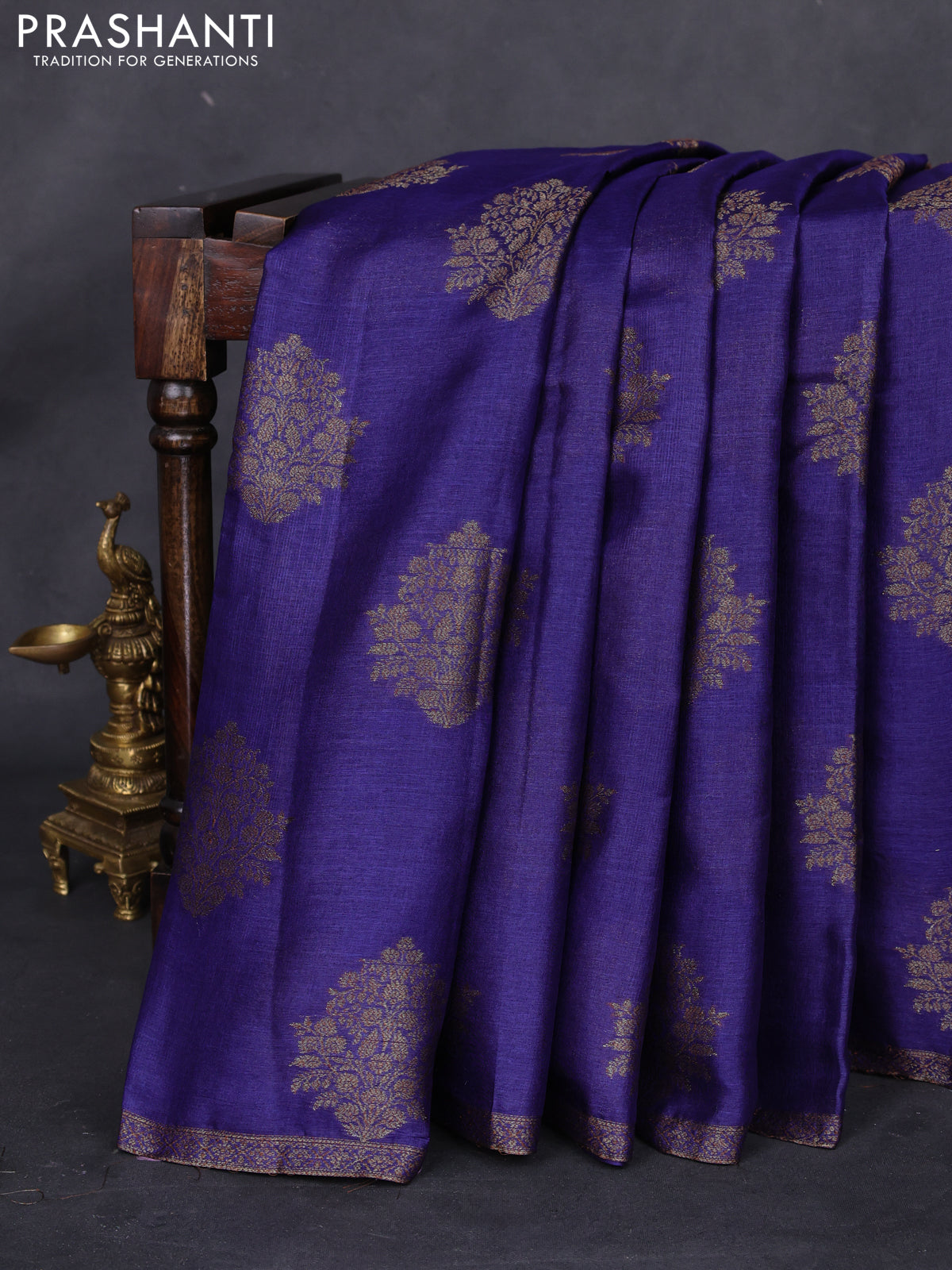 Banarasi tussar silk saree blue and red with thread & zari woven floral buttas and woven border