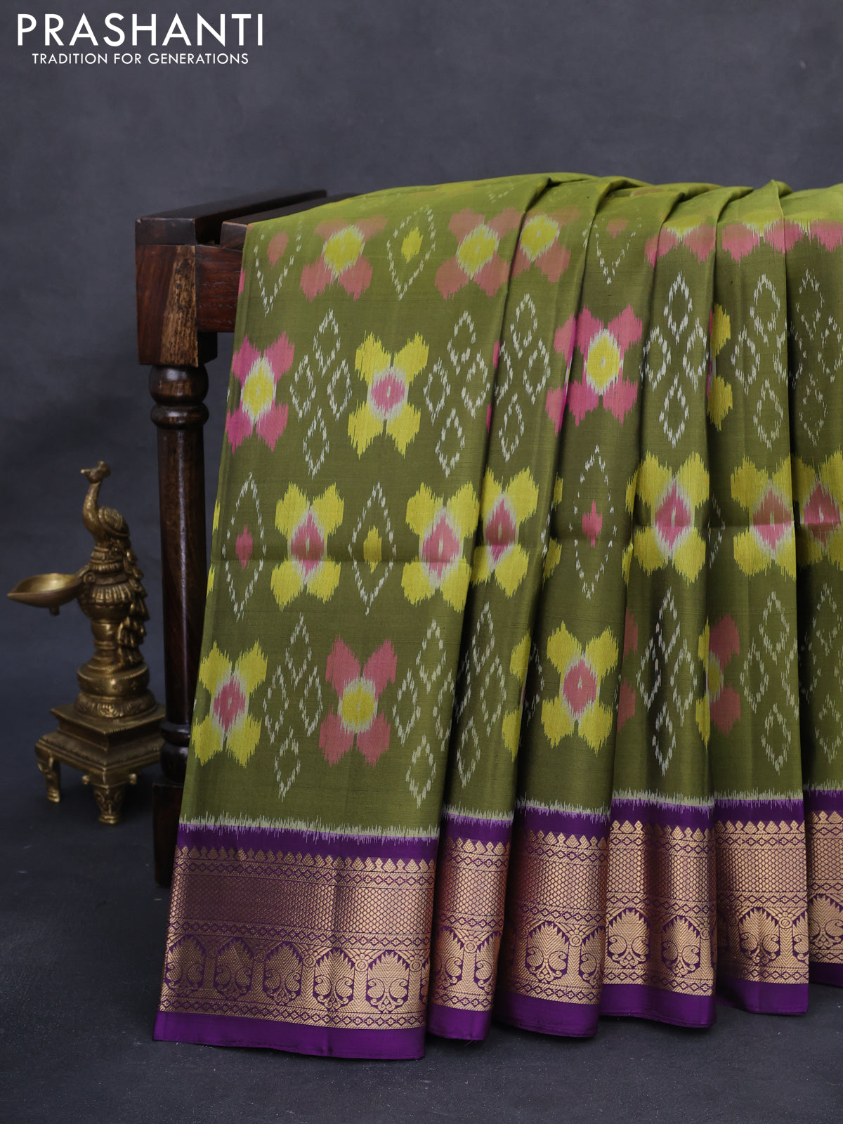 Ikat soft silk saree sap green and violet with allover ikat weaves and zari woven border