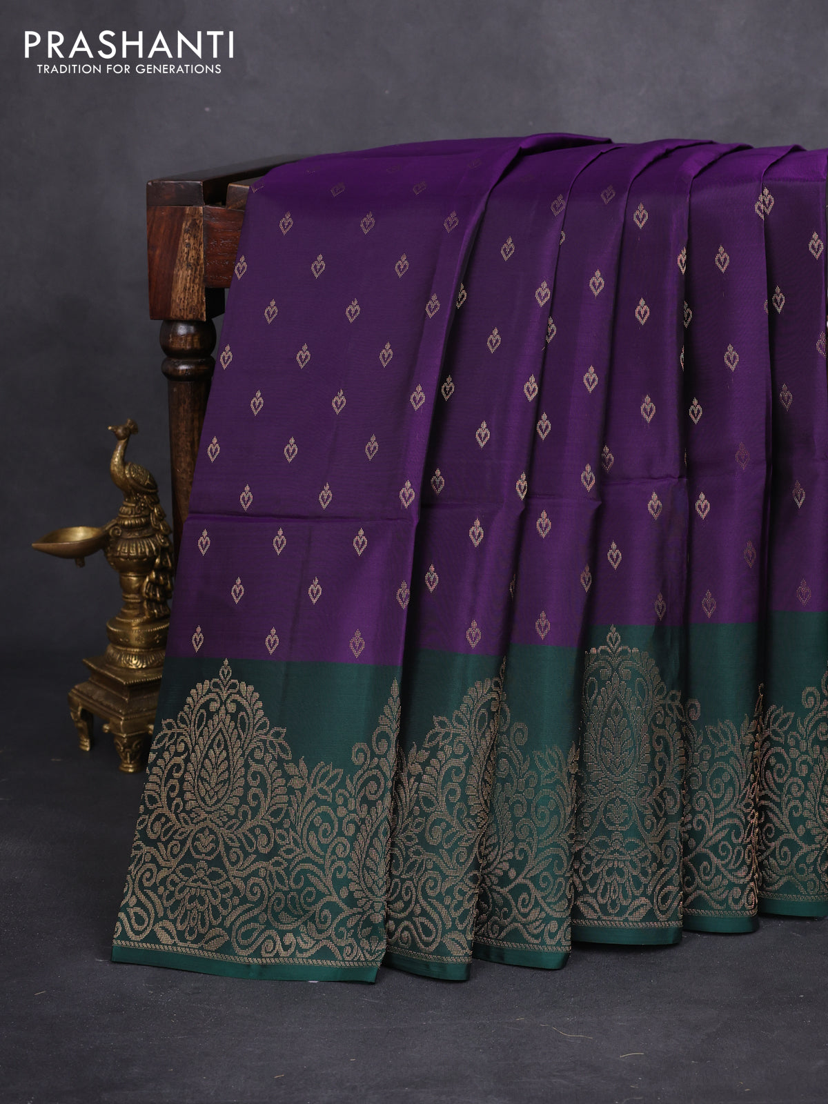 Kanchipuram soft silk saree violet and dark green with allover zari woven buttas and long zari woven border