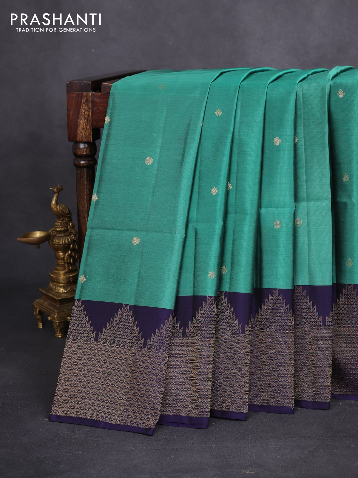 Kanchipuram soft silk saree teal green and dark blue with zari woven buttas and temple zari woven border