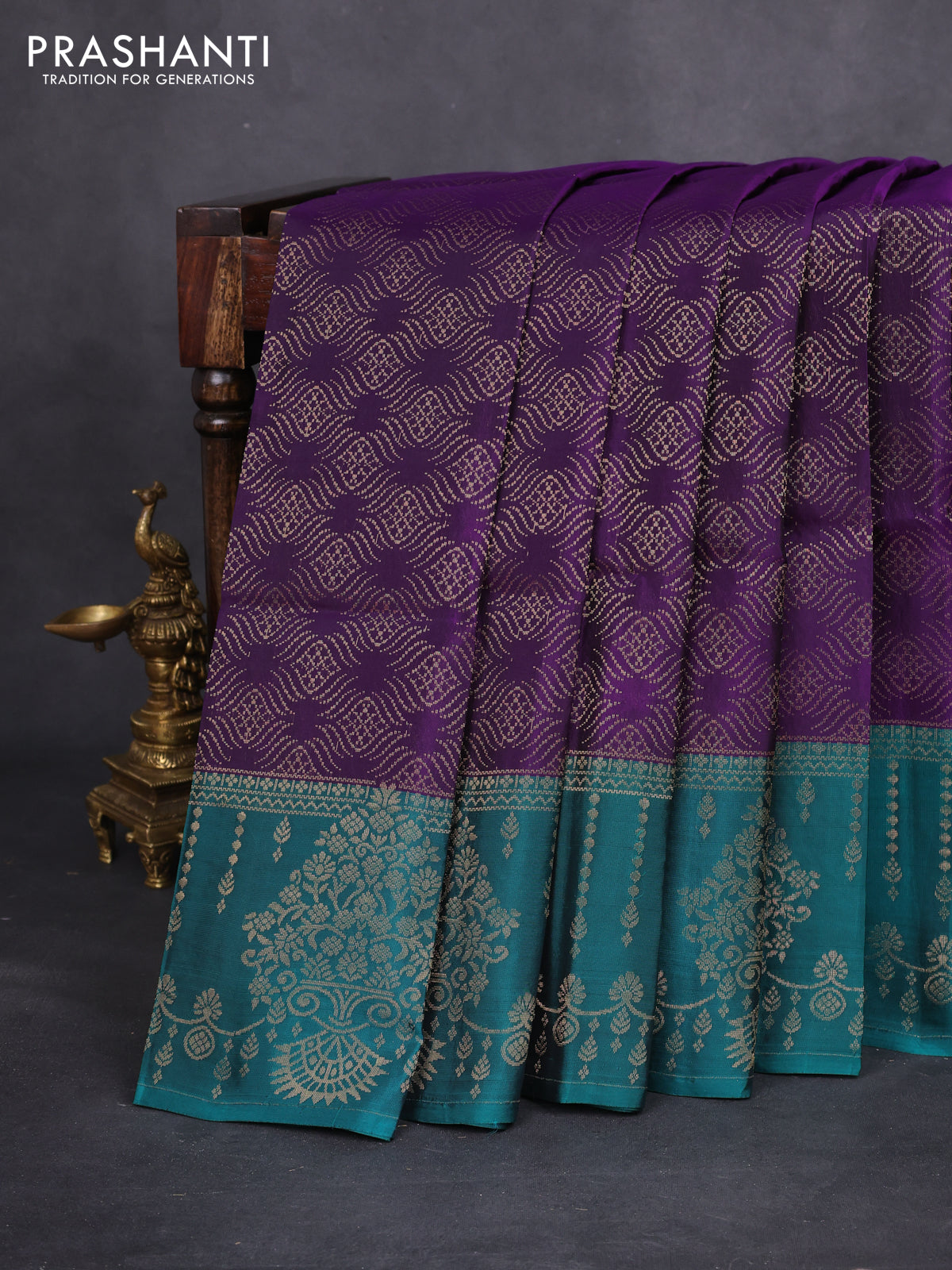 Kanchipuram soft silk saree violet and peacock green with allover zari woven brocade weaves and long rich zari woven border