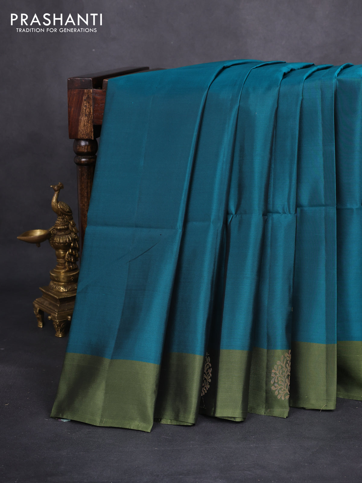Kanchipuram soft silk saree peacock green and sap green with zari woven buttas and zari woven butta border