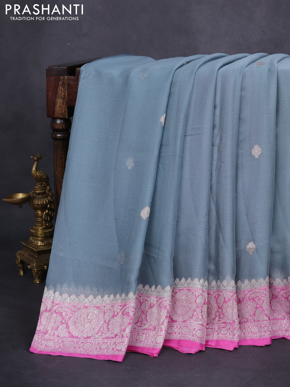 Banarasi chiffon silk saree grey and light pink with silver zari woven buttas and floral silver zari woven border