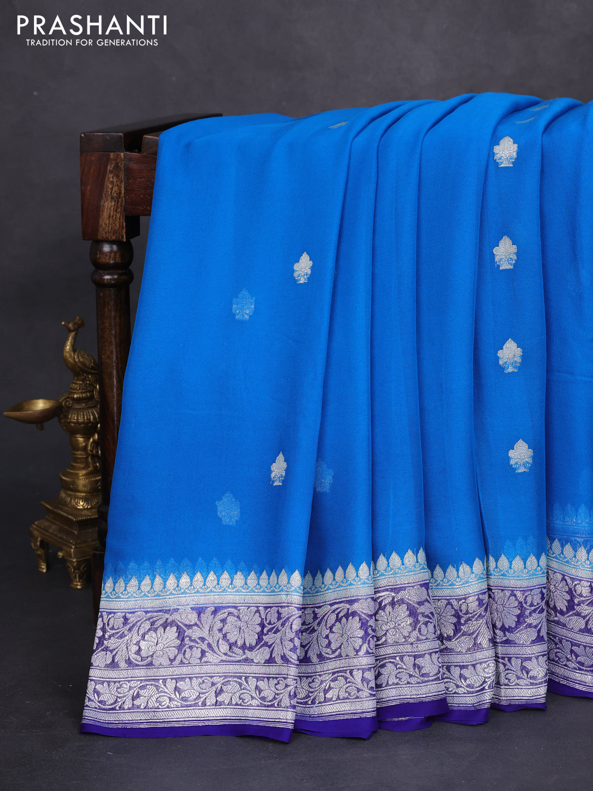 Banarasi chiffon silk saree cs blue and blue with silver zari woven buttas and silver zari woven border
