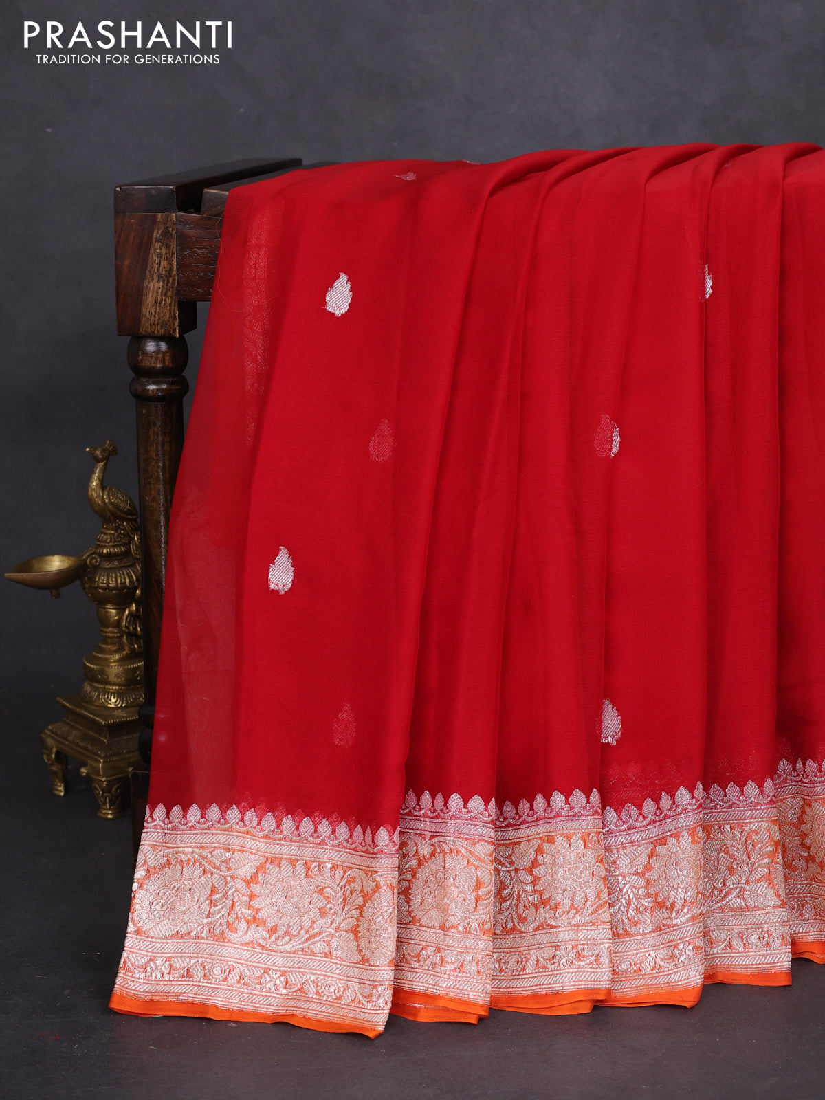 Banarasi chiffon silk saree red and orange with silver zari woven buttas and silver zari woven border