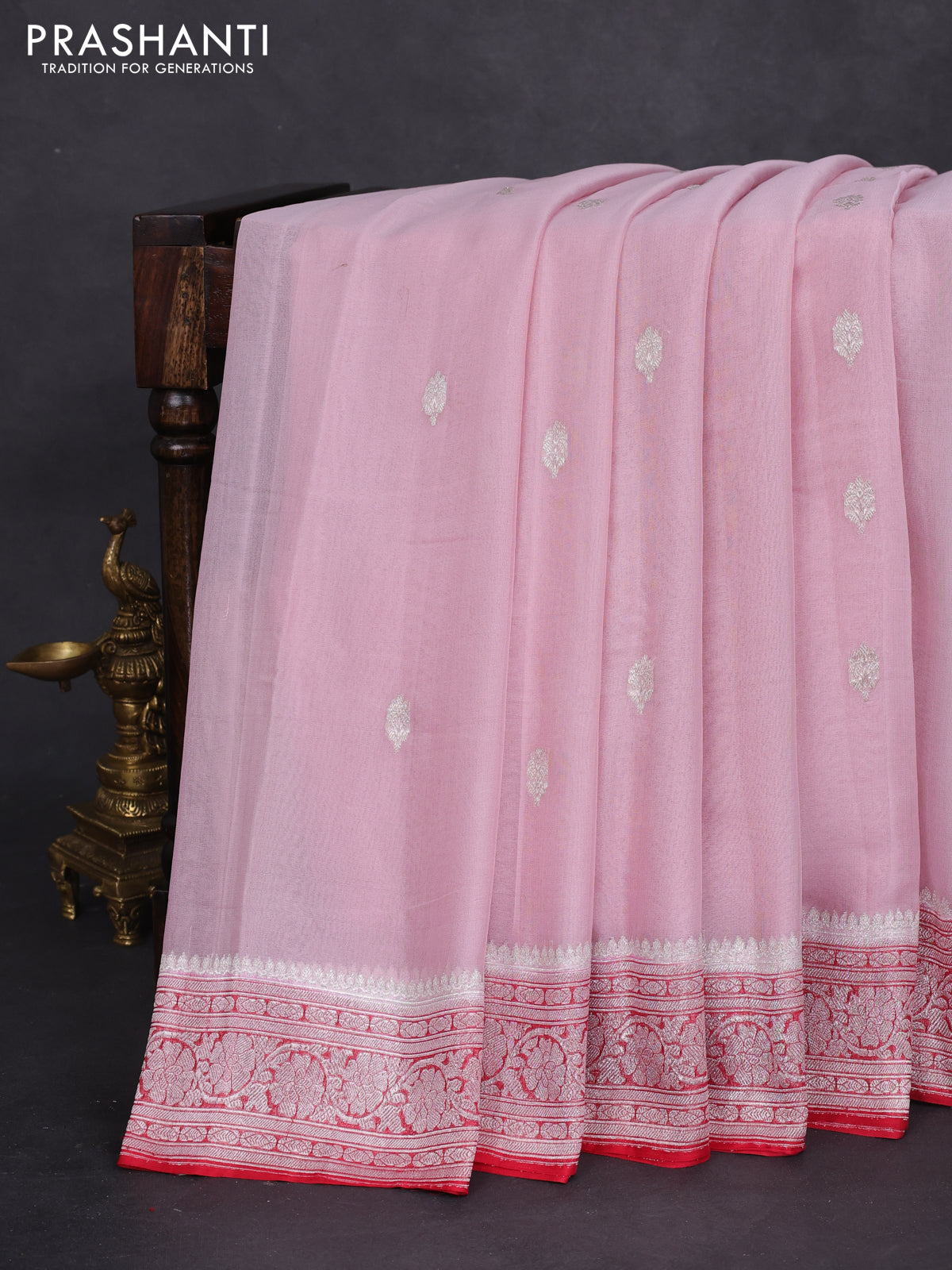 Banarasi chiffon silk saree pastel pink and red with silver zari woven buttas and floral silver zari woven border