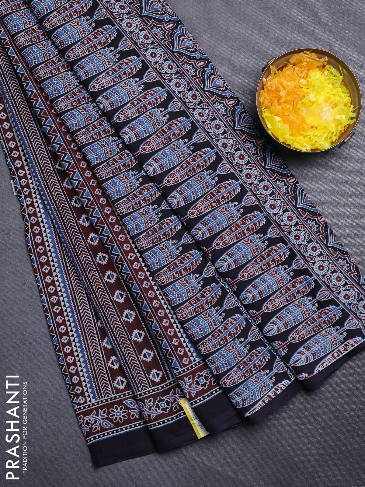 Jaipur cotton saree marron and dark navy blue with allover ajrakh prints and printed border