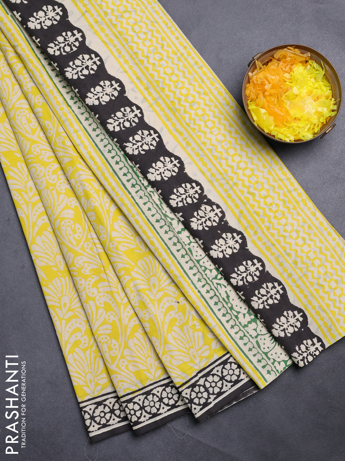 Jaipur cotton saree yellow and black with allover prints and printed border