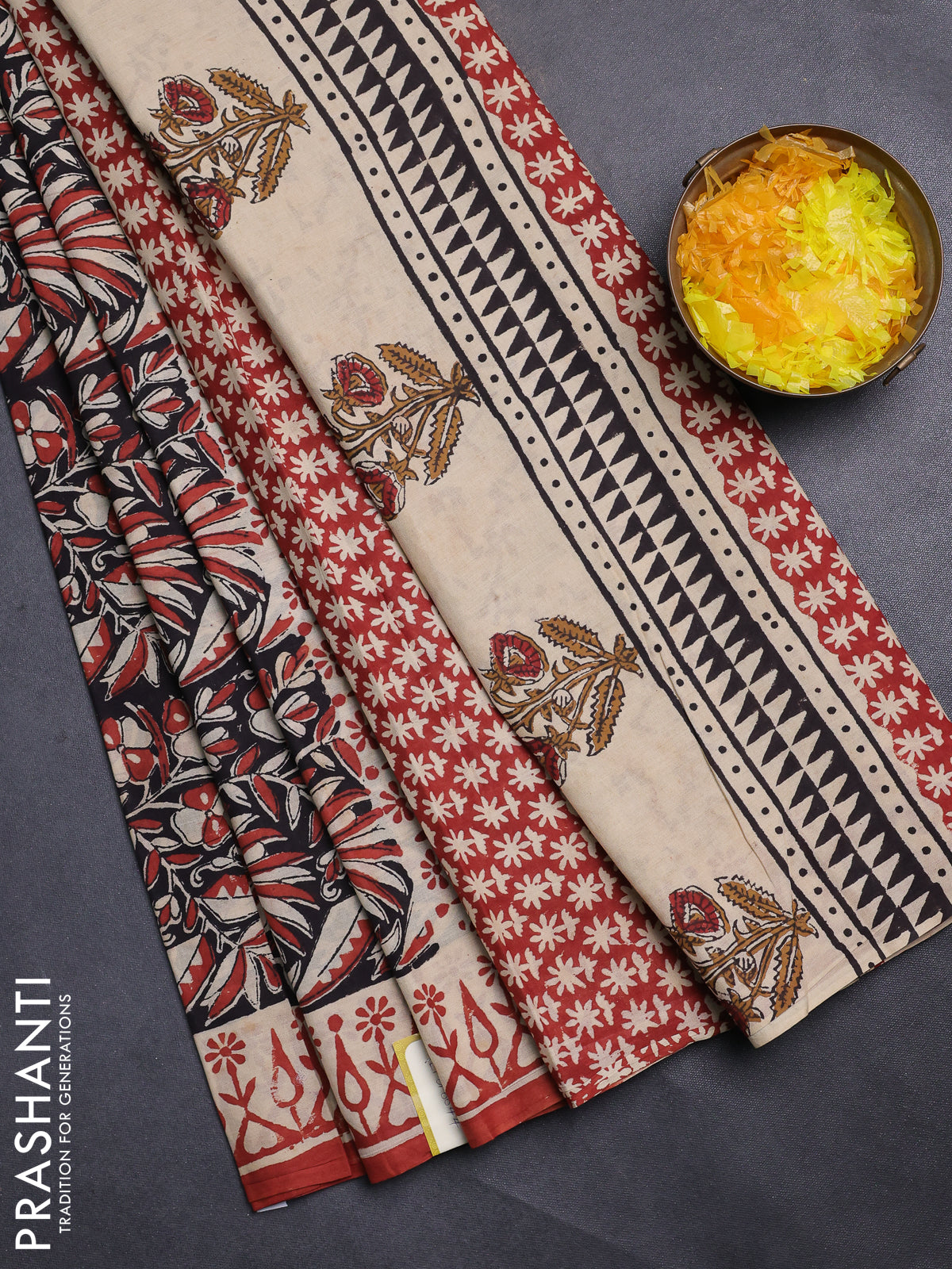 Jaipur cotton saree black and beige with allover kalamkari prints and printed border