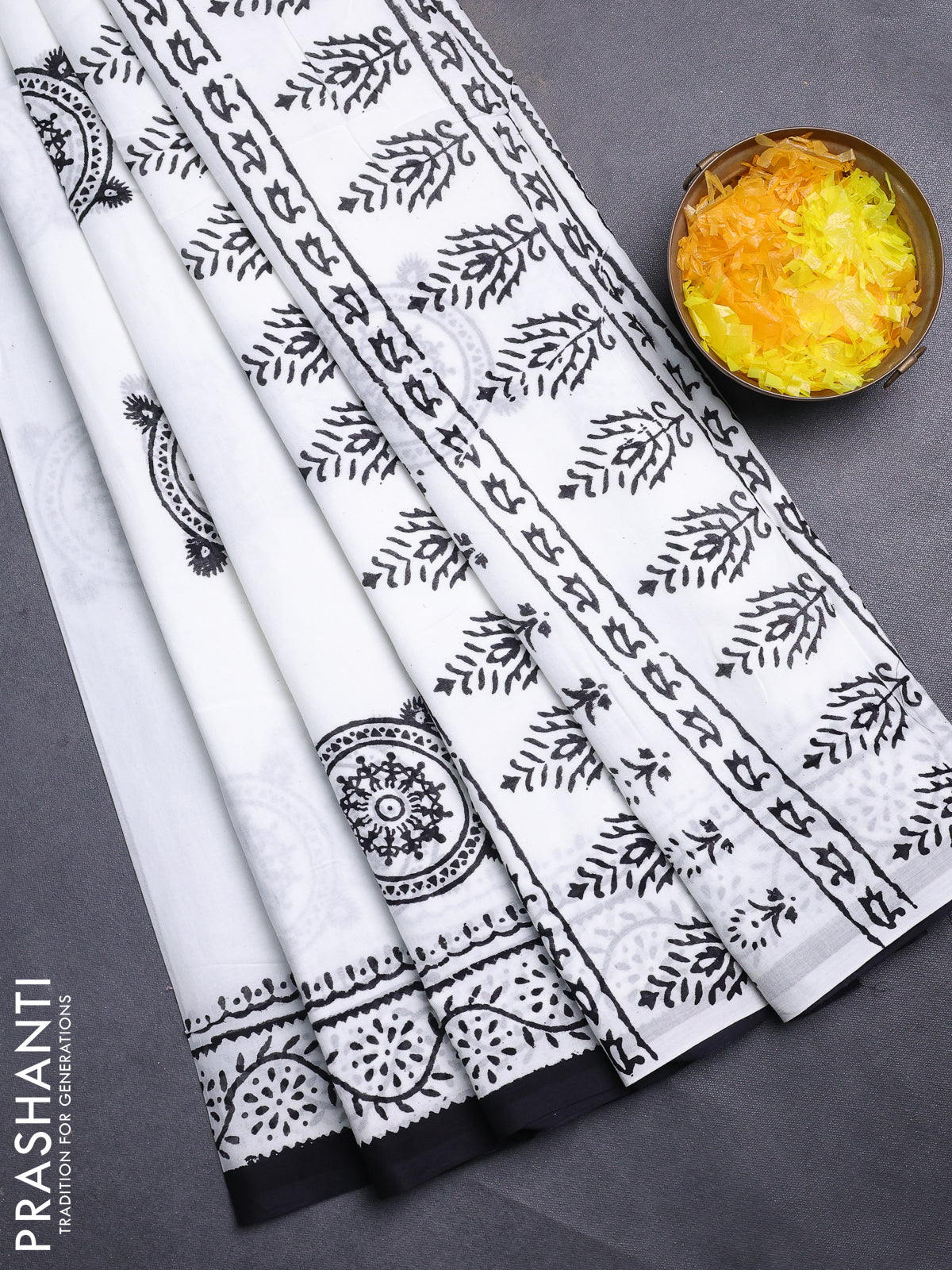 Jaipur cotton saree off white and black With Warli butta prints and printed border