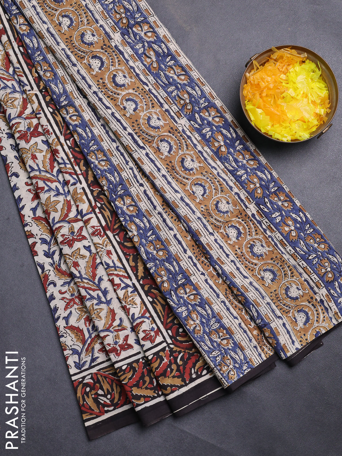 Jaipur cotton saree beige and black with allover kalamkari prints and printed border