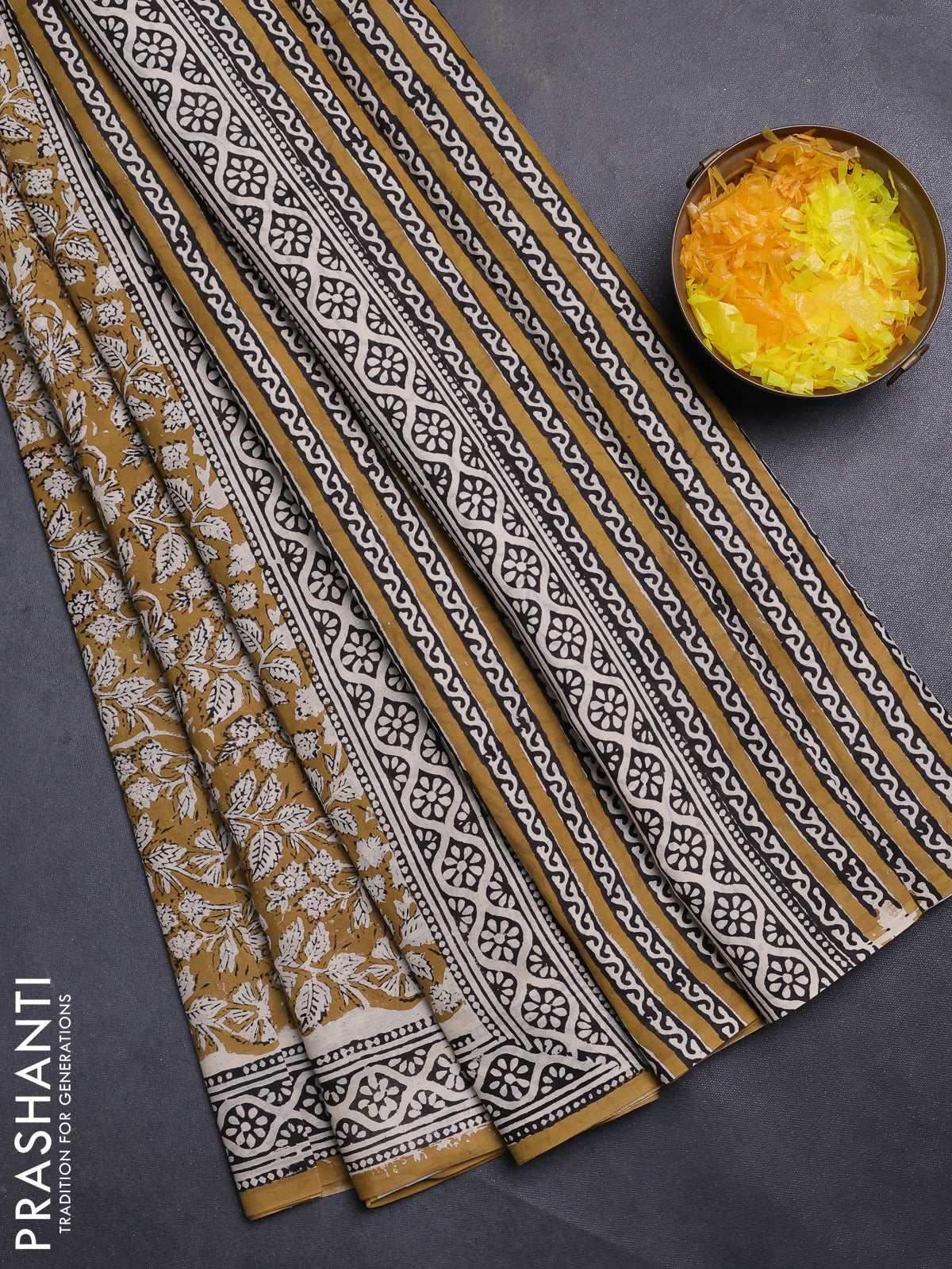 Jaipur cotton saree khaki shade and beige black with allover kalamkari prints and printed border