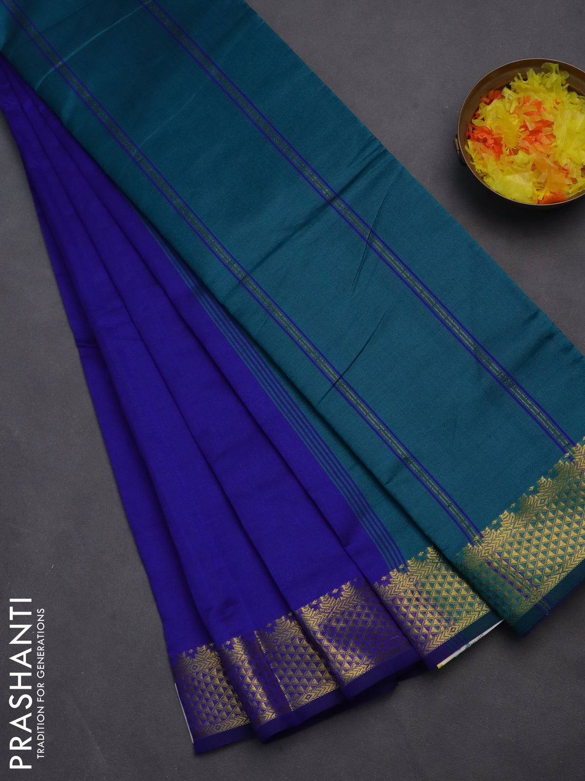 10 yards Poly cotton saree blue and teal green with plain body and zari woven border