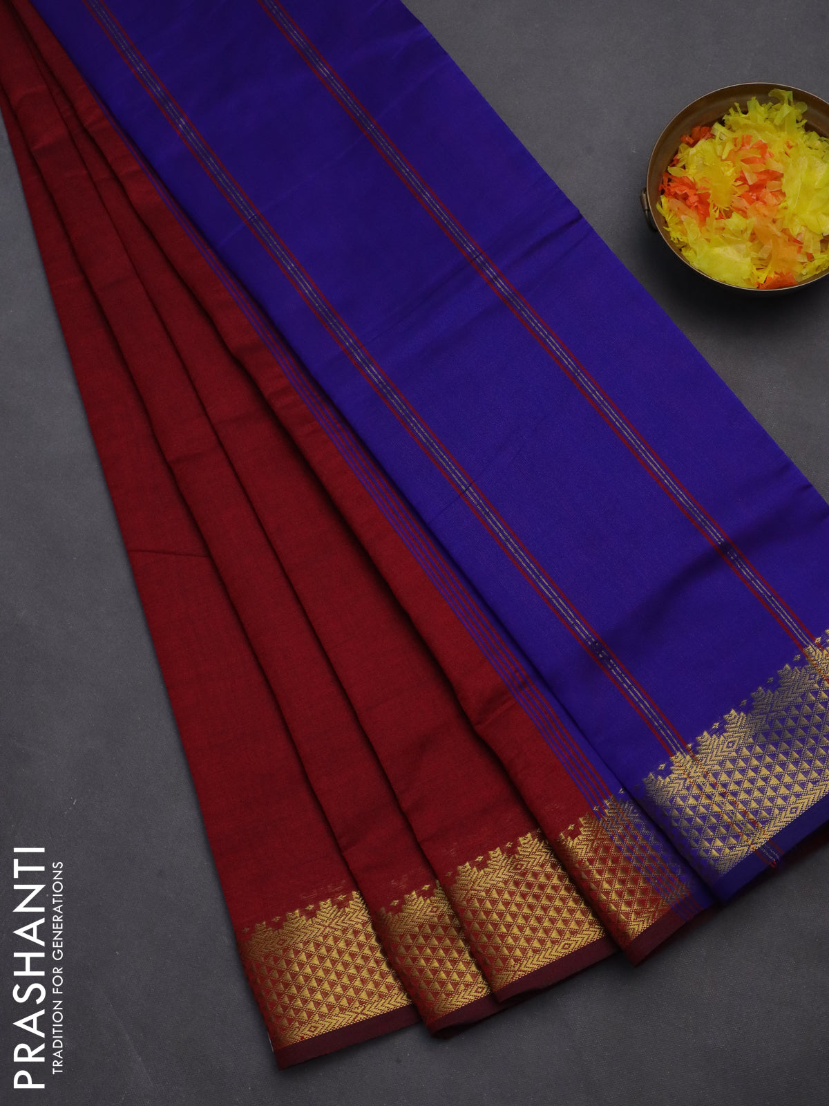 10 yards Poly cotton saree maroon and blue with plain body and zari woven border
