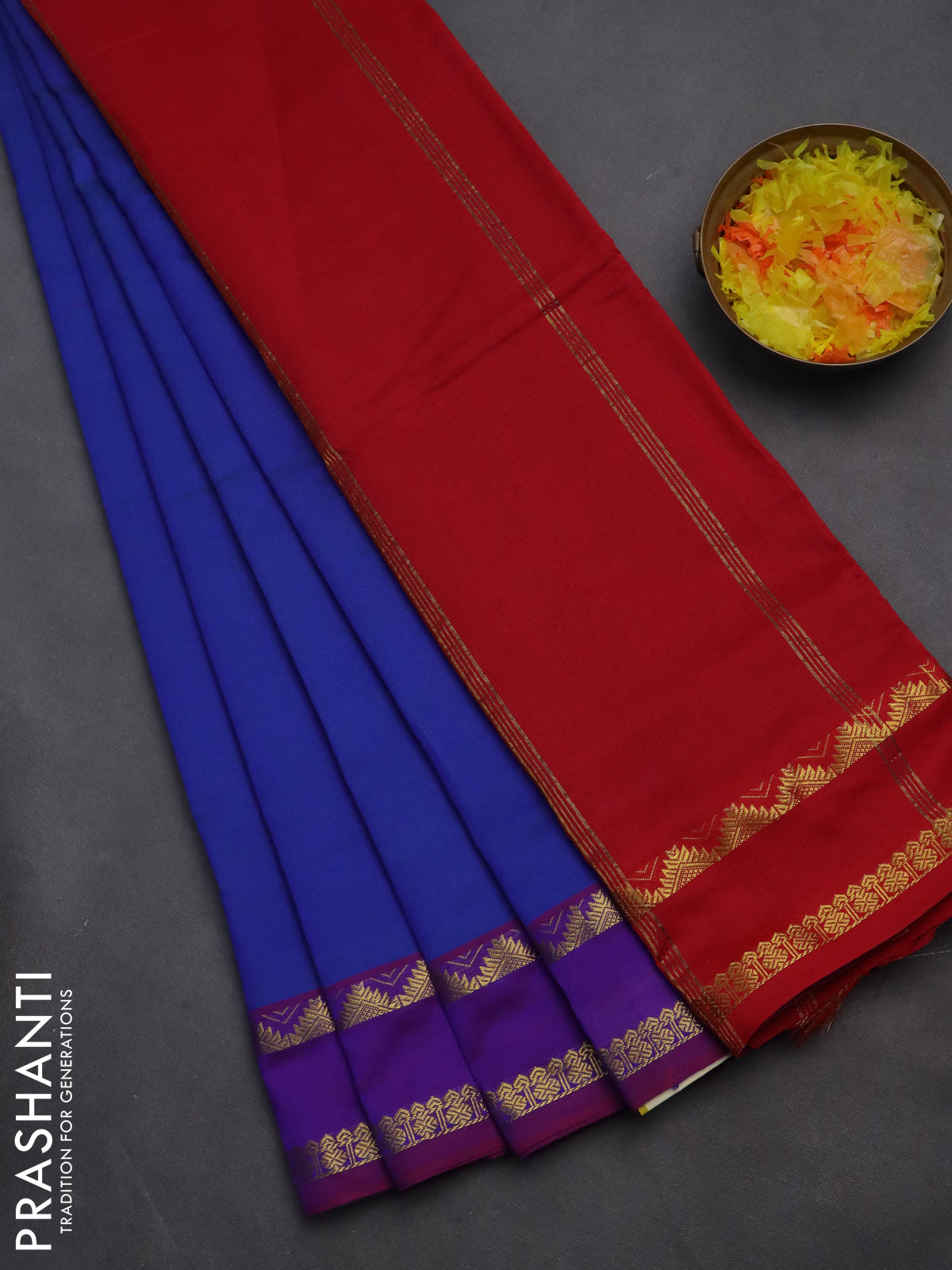 10 yards Poly cotton saree dual shade of bluish green and red with plain body and rettapet zari woven border