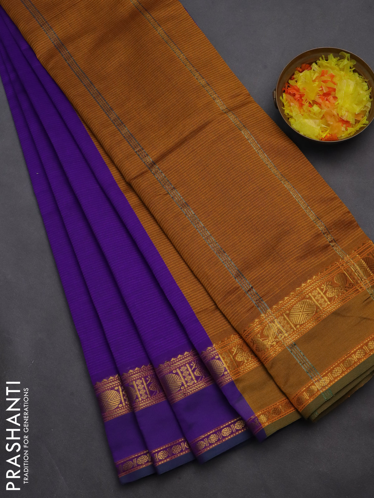 10 yards Poly cotton saree violet and dark mustard with plain body and rettapet zari woven border