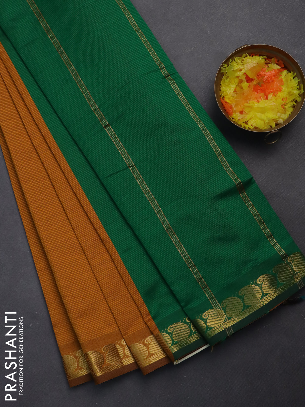 10 yards Poly cotton saree dark mustard and green with plain body and zari woven border