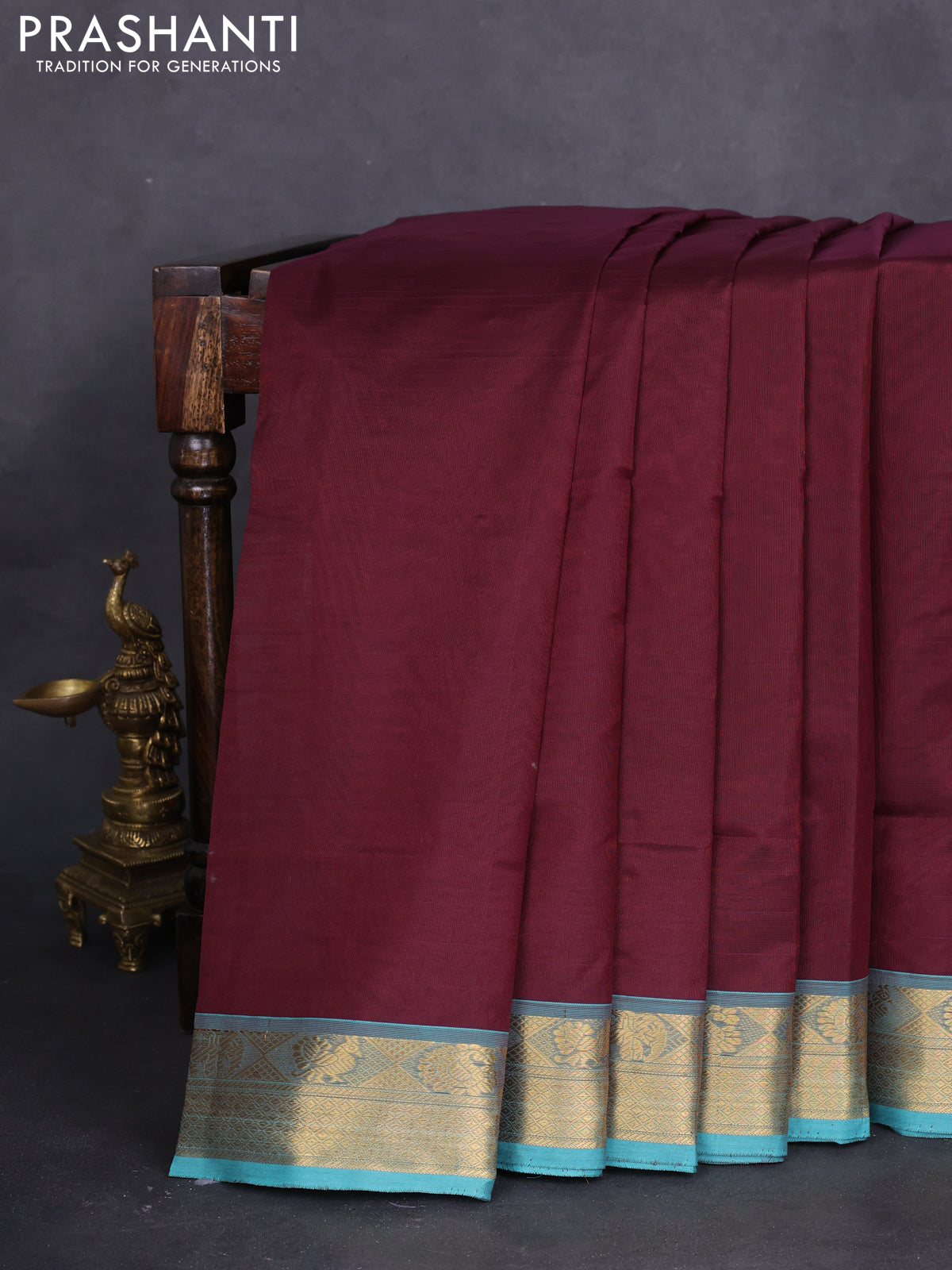 10 yards silk cotton saree deep maroon and teal blue with plain body and zari woven border