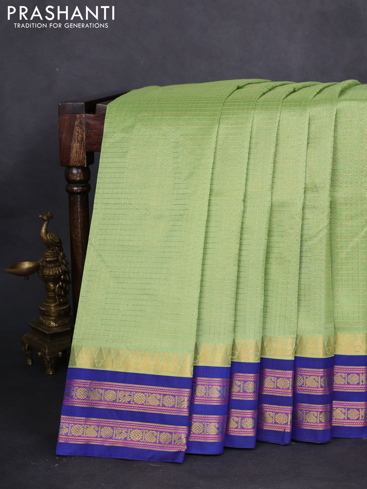 10 yards silk cotton saree pista green and blue with allover small zari checks and zari woven border