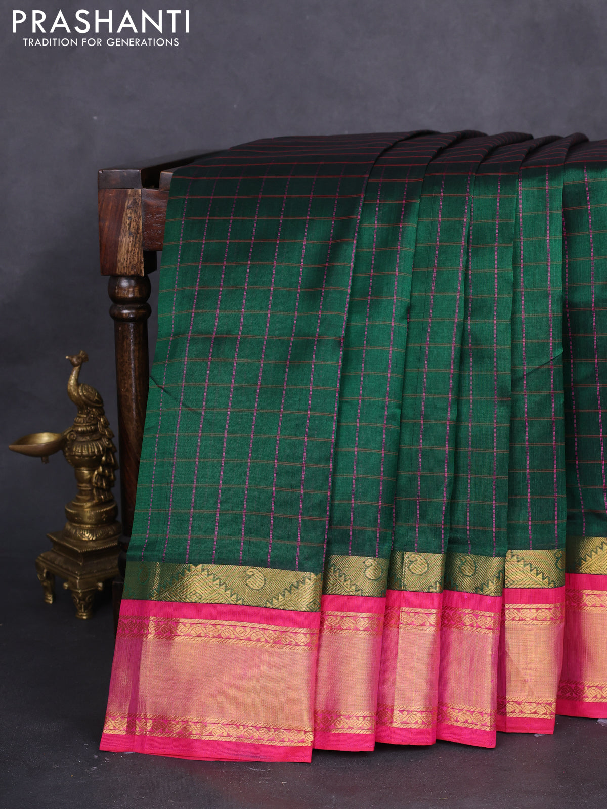 10 yards silk cotton saree green and pink with allover checked pattern and zari woven border