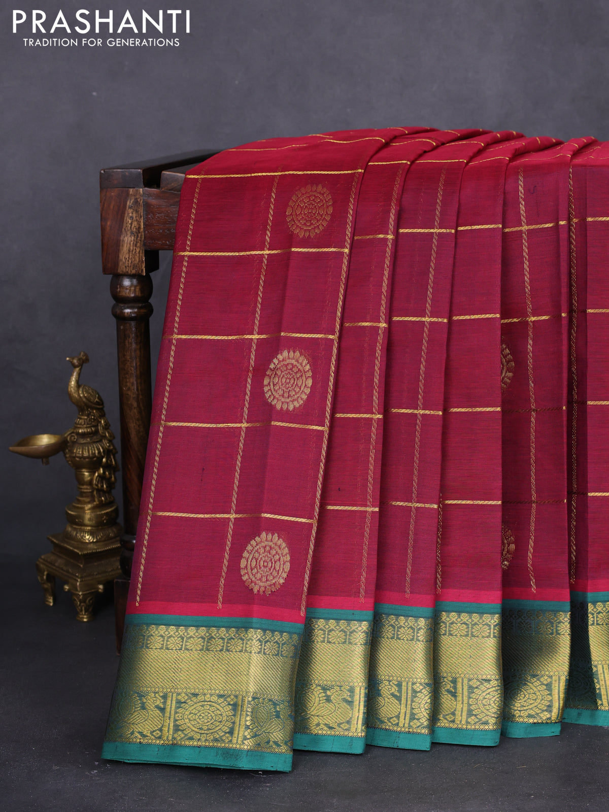 10 yards silk cotton saree maroon and green with allover zari checks & annam mayil chakkaram buttas and zari woven border