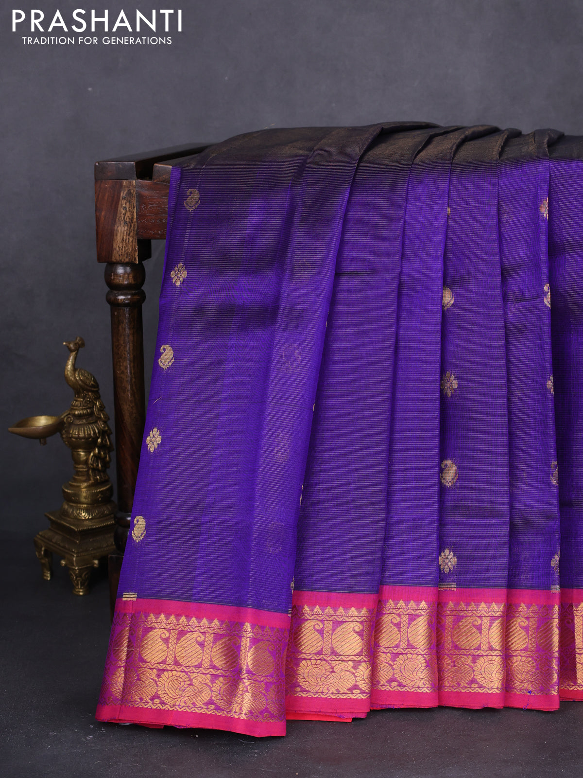 10 yards silk cotton saree blue and maroon with allover vairaosi pattern & zari buttas and zari woven border