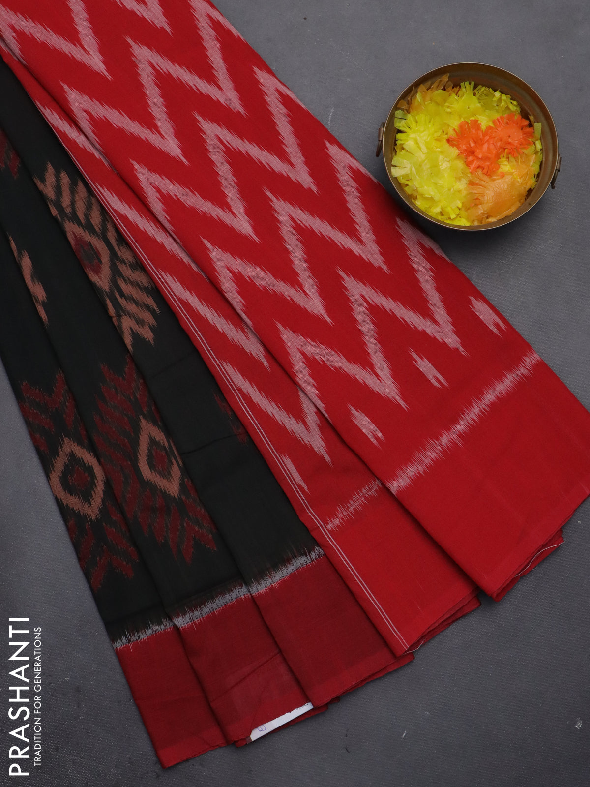 Ikat cotton saree coffee brown and maroon with allover ikat butta weaves and simple border