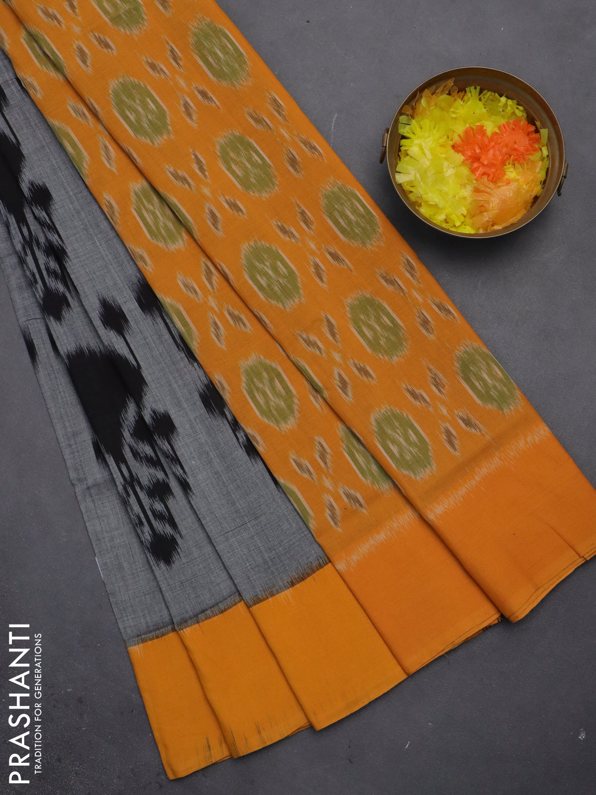 Ikat cotton saree grey and mustard yellow with allover ikat butta weaves and simple border