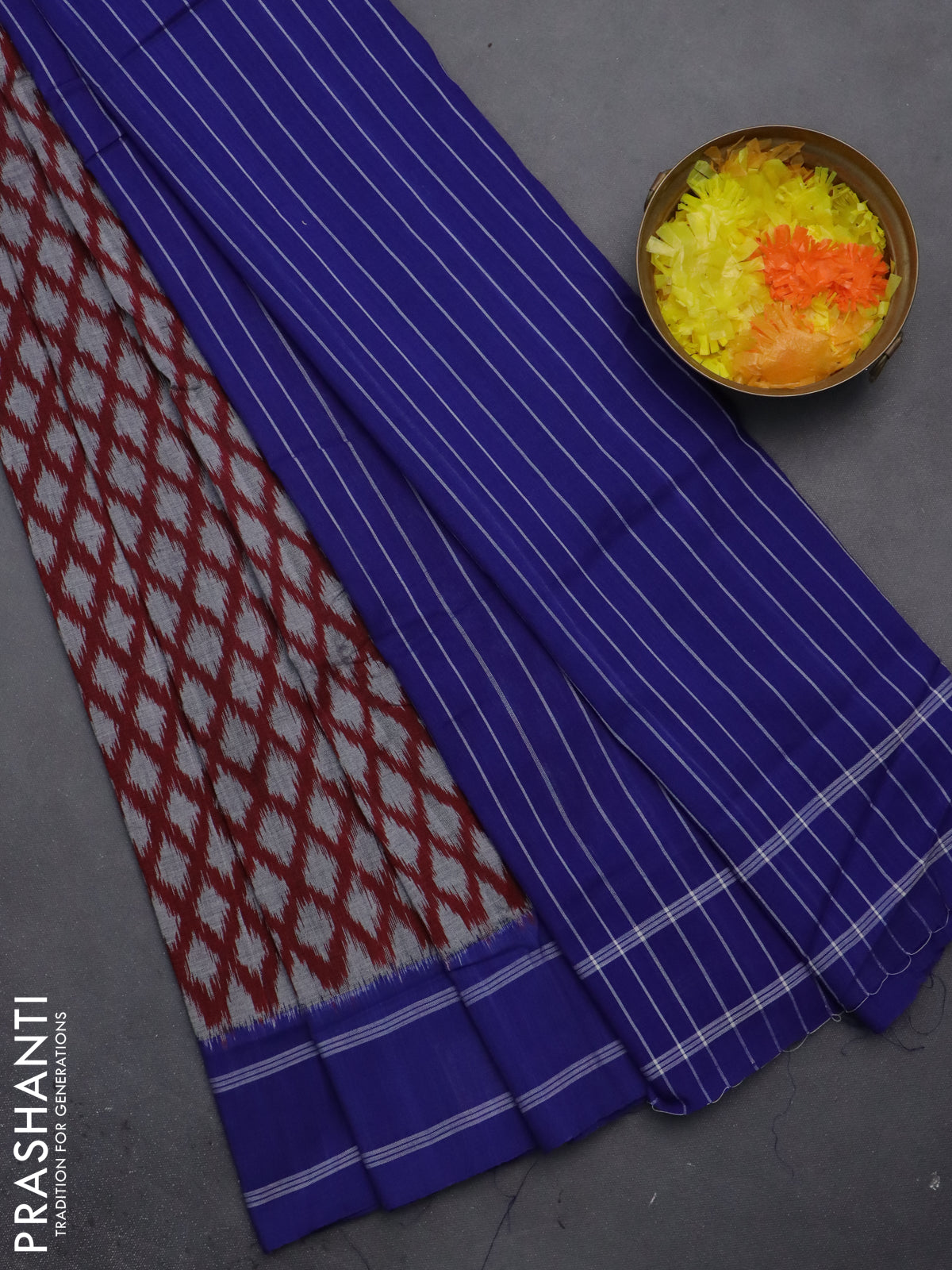 Ikat cotton saree maroon grey and blue with allover ikat butta weaves and rettapet border