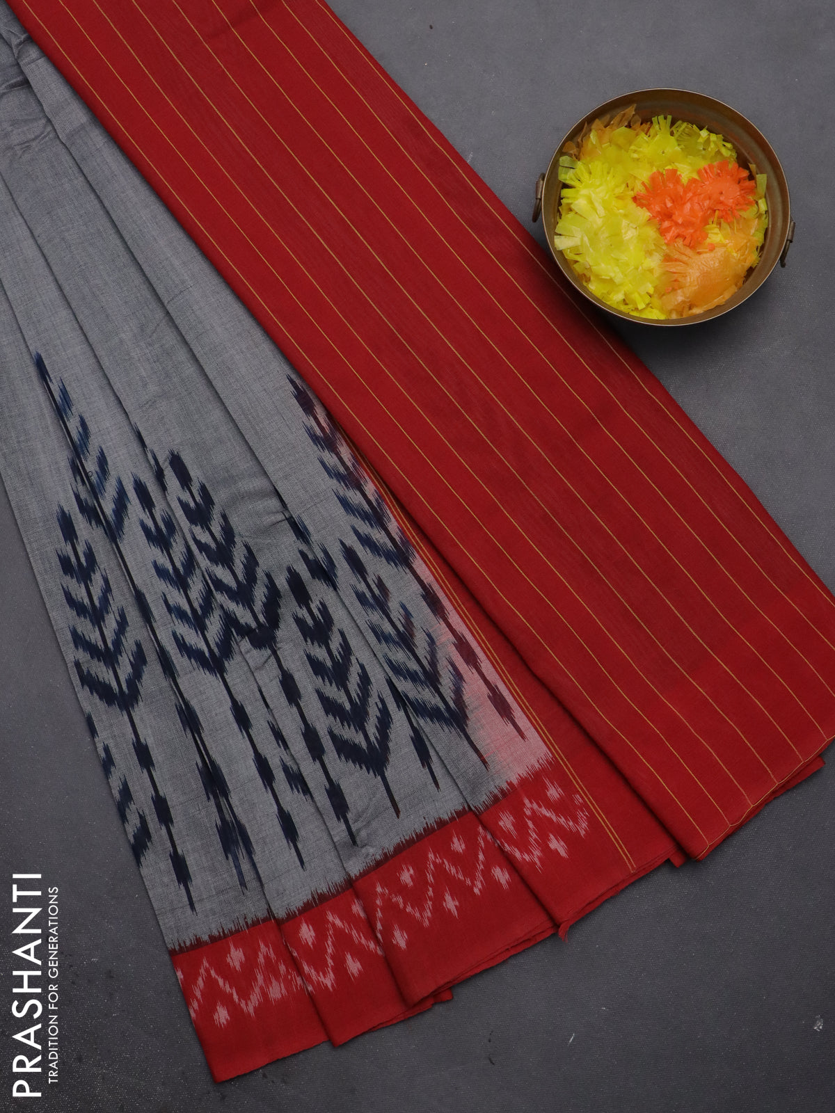 Ikat cotton saree grey and kumkum red with plain body and ikat style border