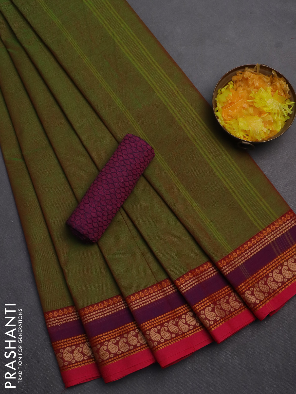 10 Yards chettinad cotton saree manthulir green and pink with plain body and thread woven border