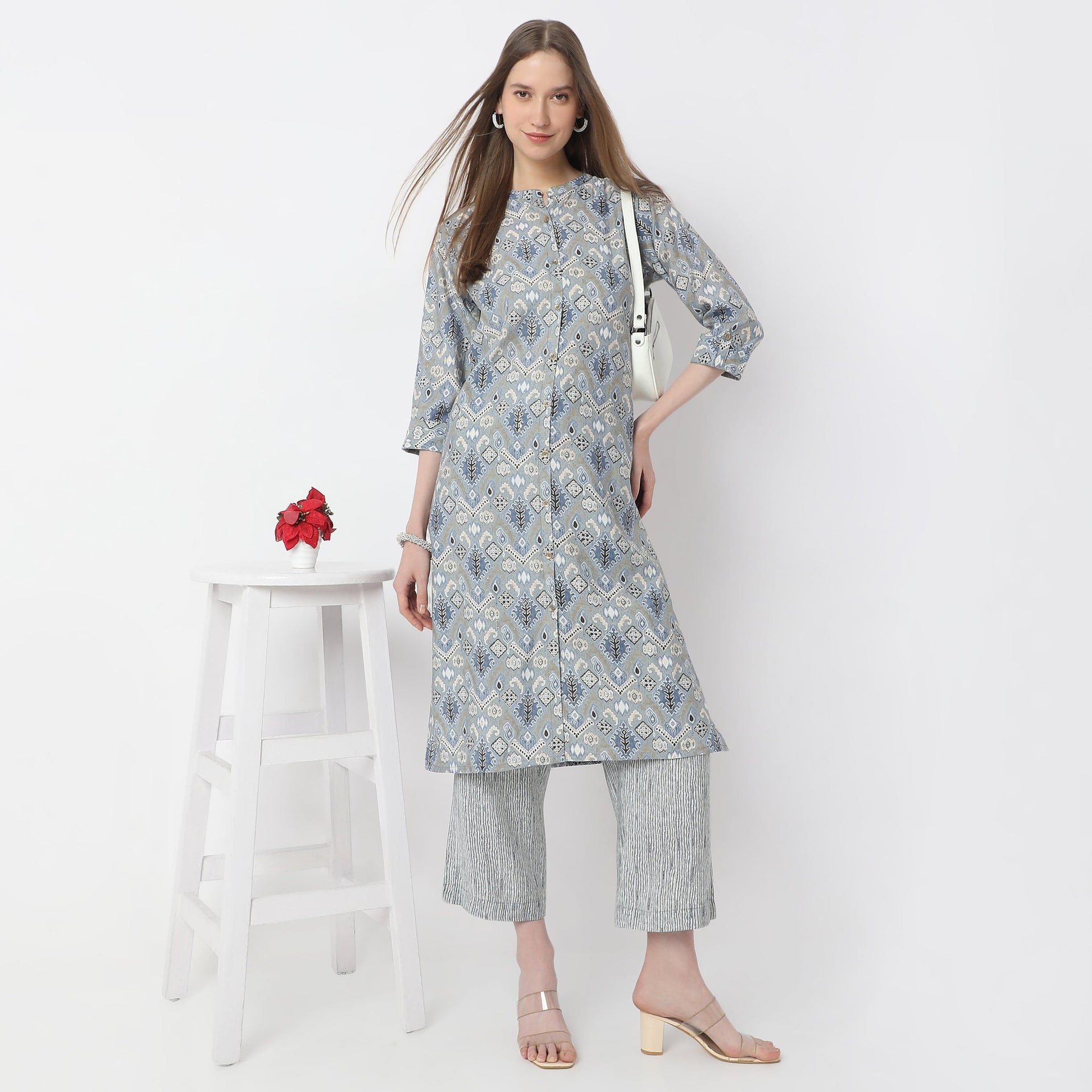 A-Line Printed Band Collar Kurta With Pant Set