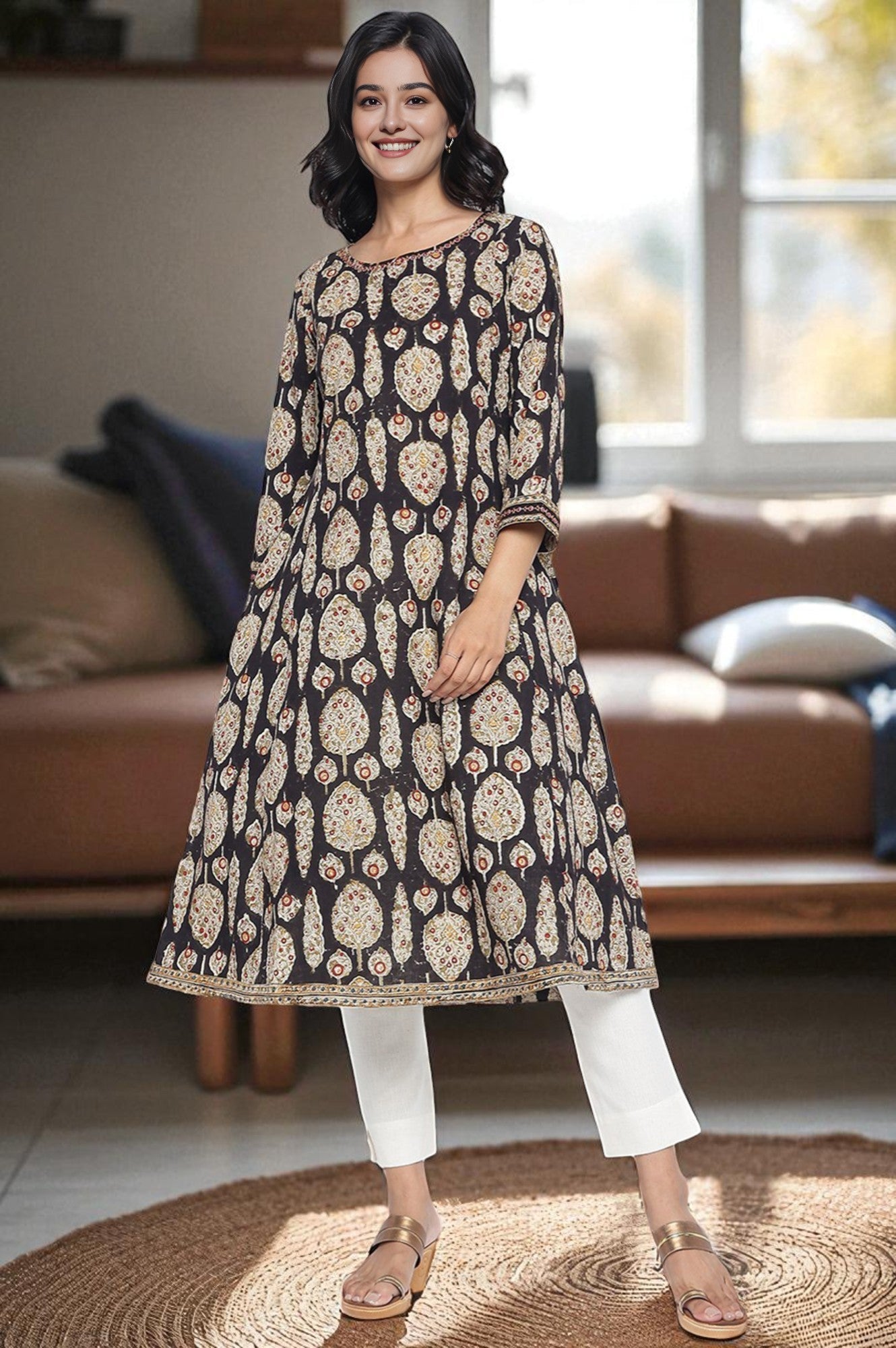 Black Printed Pure Cotton Flared Kurta