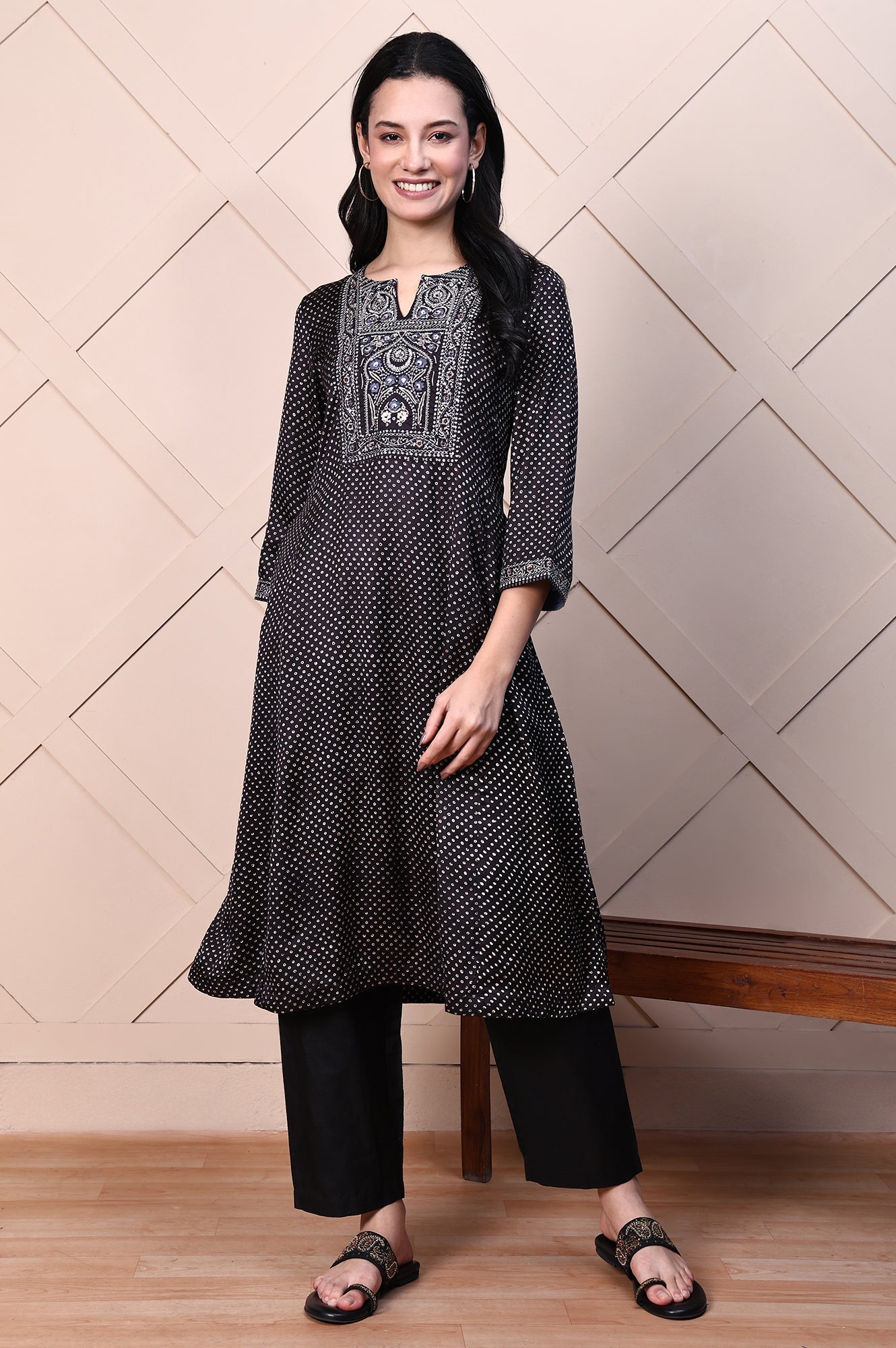 Black Polka Printed Satin A-lineKurta with Thread Embroidery