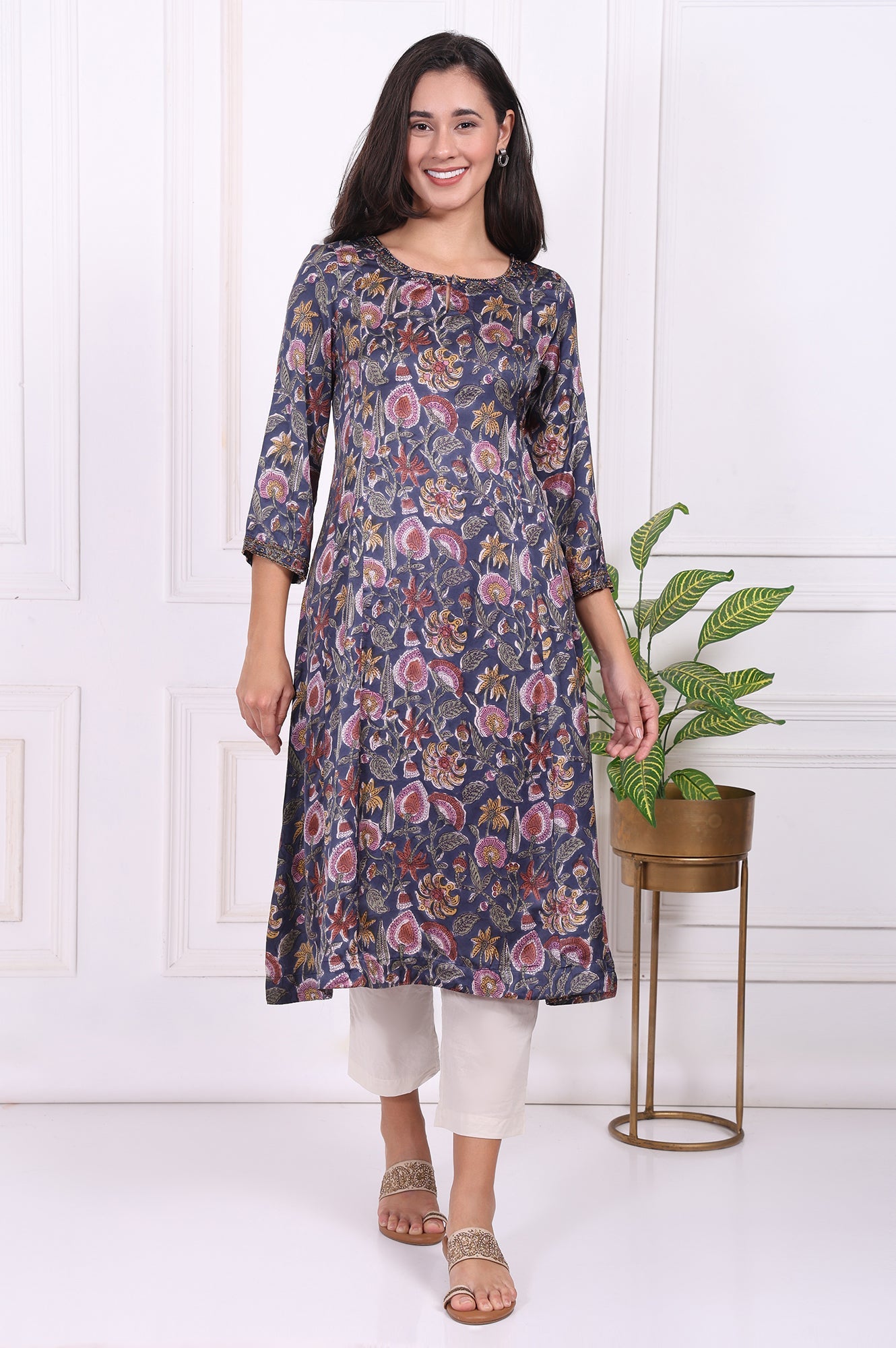 Navy Blue Floral Printed Beadwork Modal Satin A-line Kurta