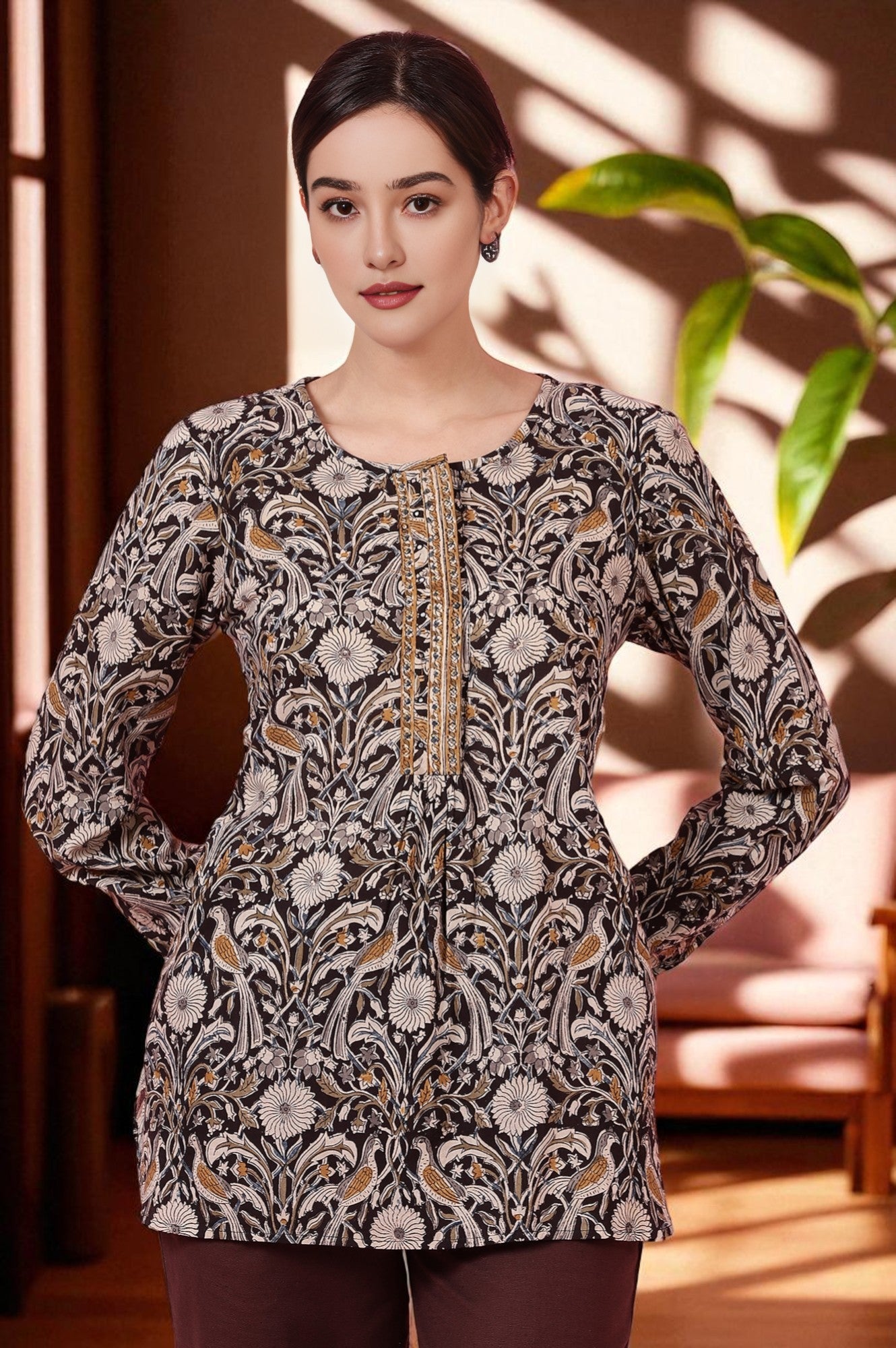 Black Handblock Print kalamkari Top in Soft Cotton