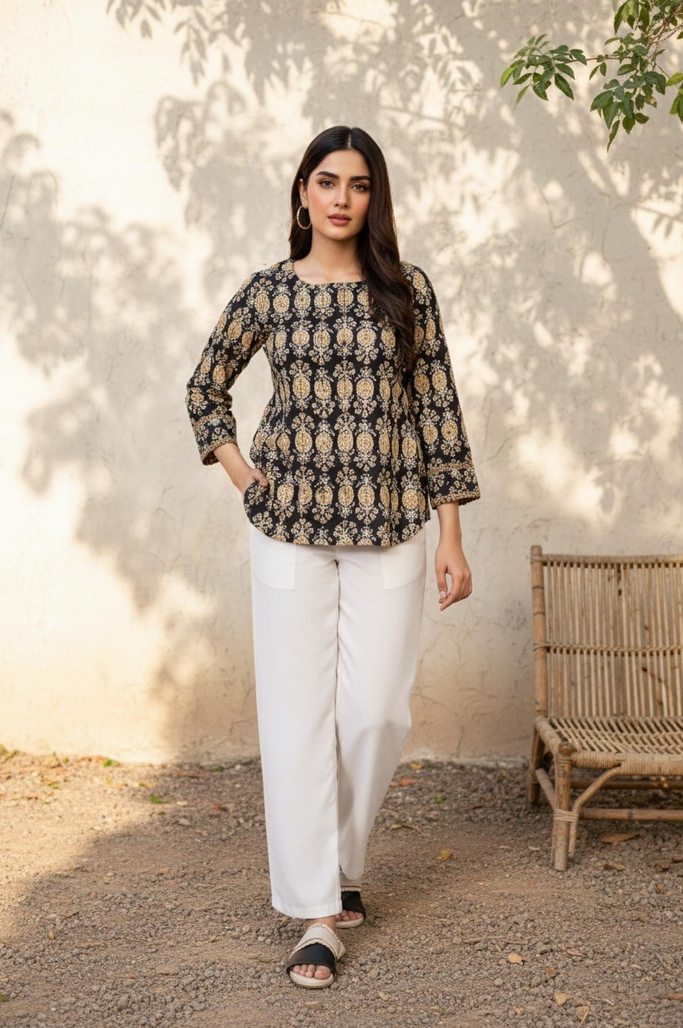 Black Floral Print A-Line Cotton Top